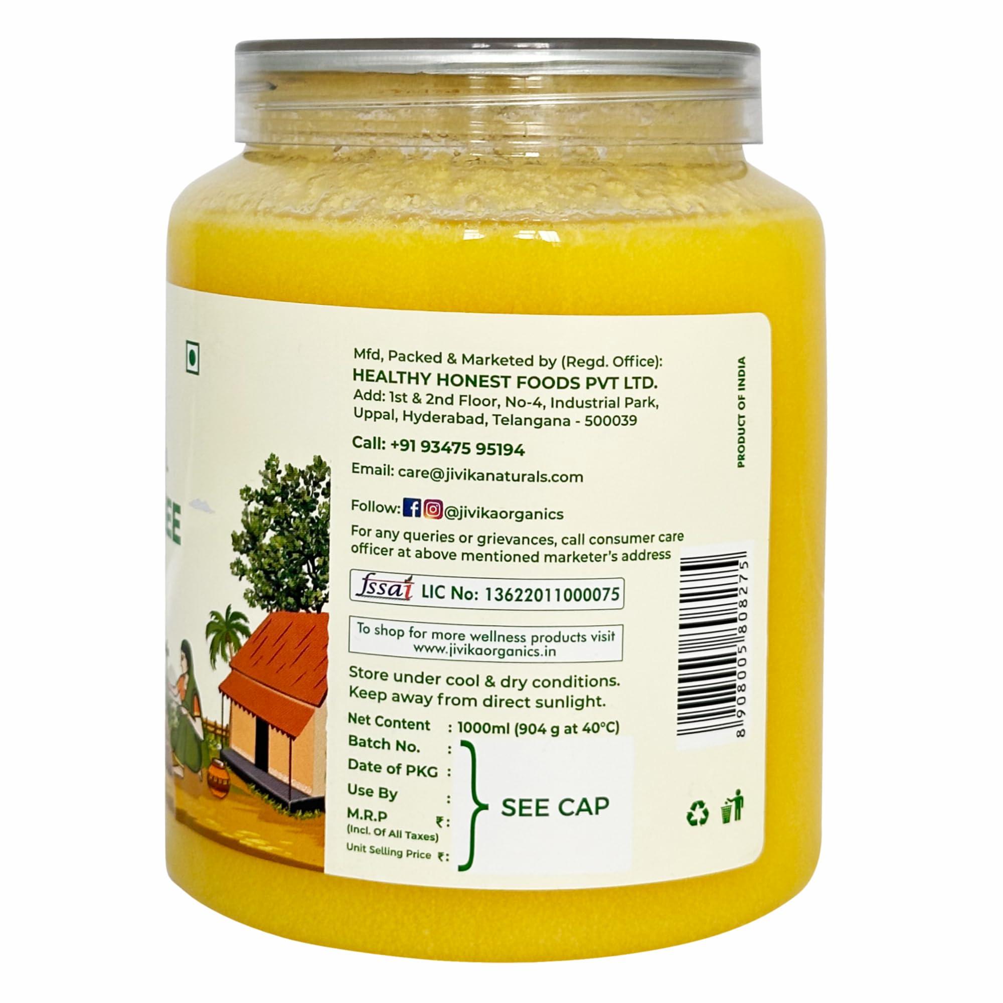 JIVIKA NATURALS Jivika Pure Natural Bilona Cow Ghee | Hand Churned Grass Fed Cows | 100% Pure and Natural | Desi Ghee | Highly Nutritious | Helps Keep Your Heart Healthy | Boost Immunity & Energy | Lab Tested | 1 Litre Pet Jar