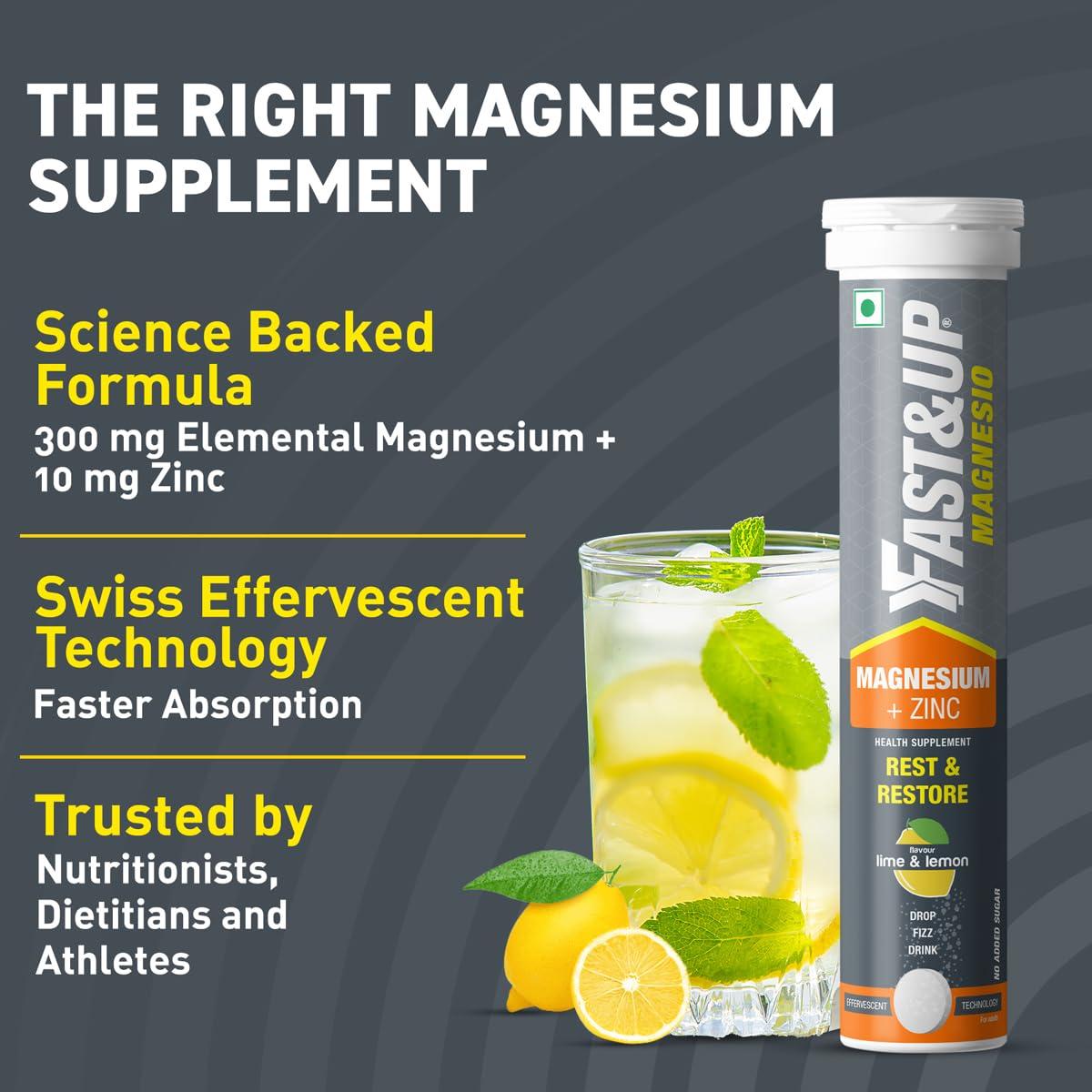FAST&UP Fast&Up Magnesio - Restful Sleep Supplement - Magnesium & Zinc for Stress Management & Promoting Deep Sleep (60 Effervescent Tablets, Lime & Lemon Flavor)