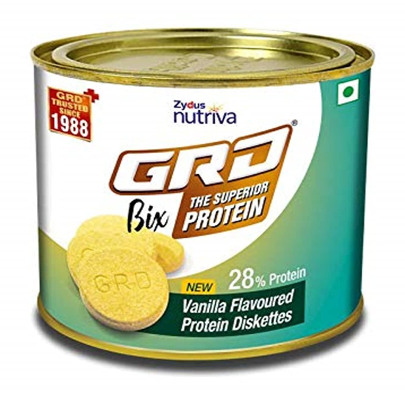 GRD GRD Bix Superior Protein Healthy Diskettes, Tasty Biscuits (Vanilla) & GRD Lite Superior Protein Diskettes, Tasty Sugarless Biscuits (Cardamon) - 250g Each, Pack of 2