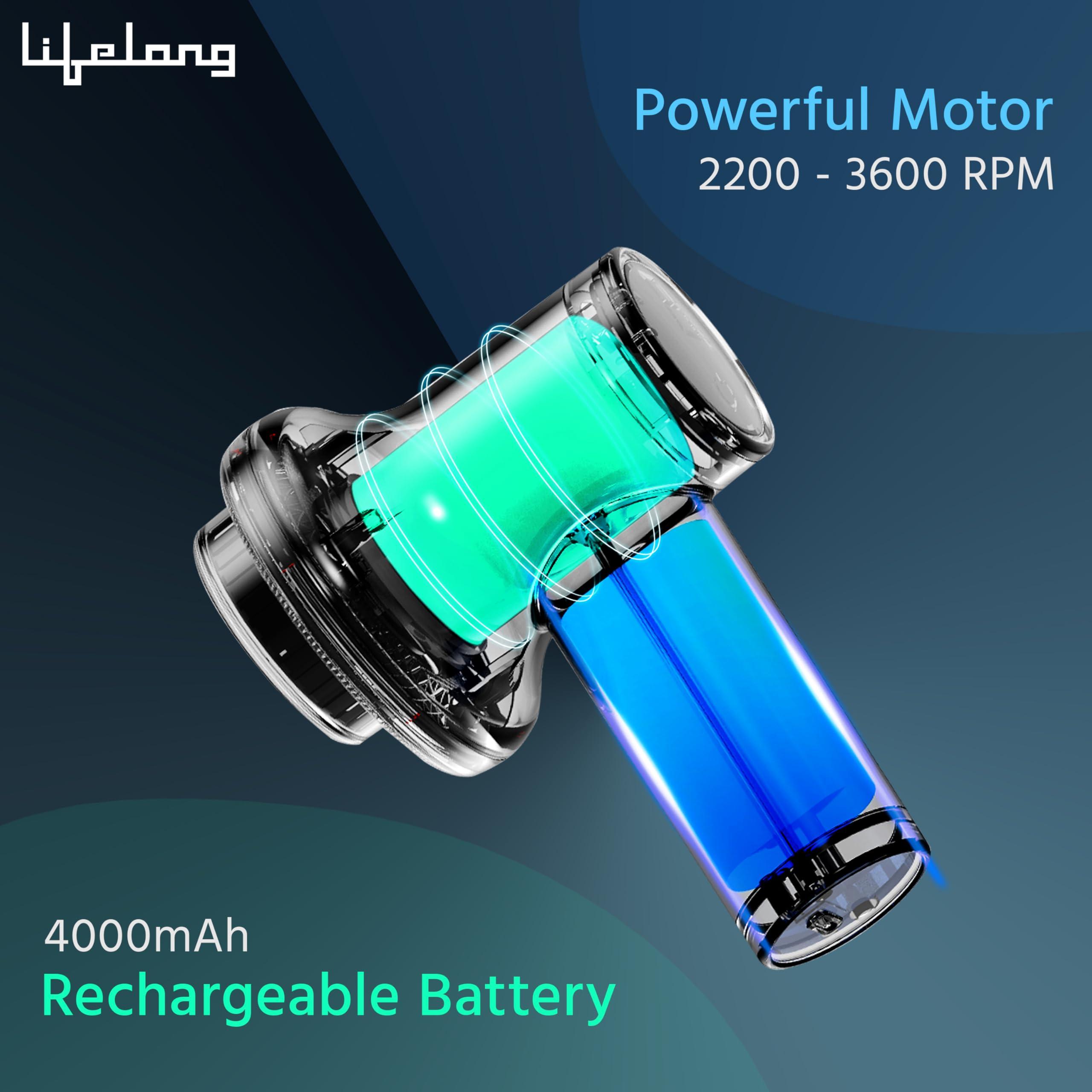 Lifelong Lifelong Wireless Manipol Hand Massager| Percussion Massage| Handheld Therapy with Variable Intensity to Relieve Pain in The Back, Neck, Shoulders & Legs| LED Display|8 Detachable Head|4000mAh Battery