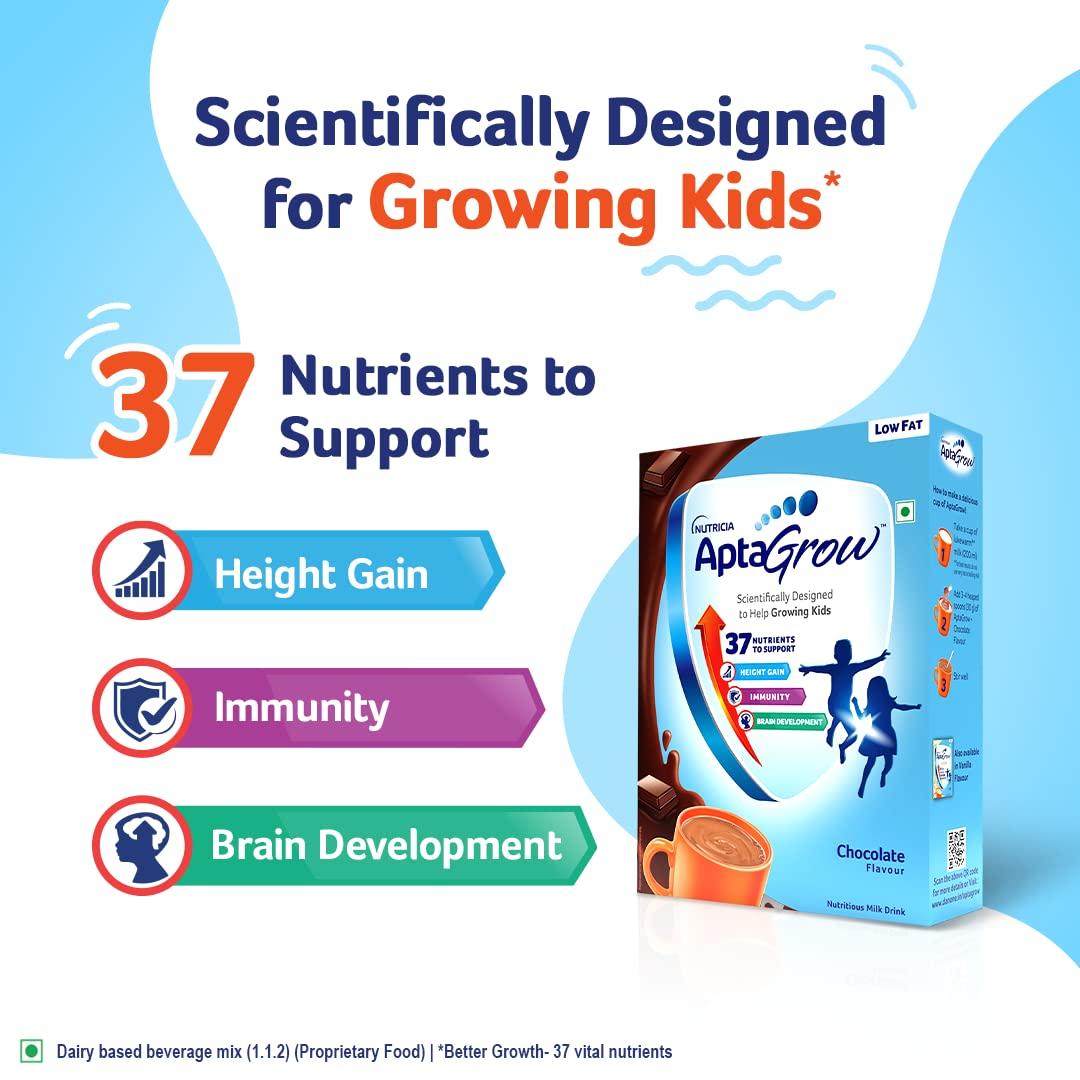 AptaGrow AptaGrow Milk Drink Powder for Kid s Height Gain, Immunity & Brain Development, Nutritious & Tasty Chocolate Flavor, 400g | 37 Nutrients | Prebiotics | Low Fat | Veg | Pack of 2