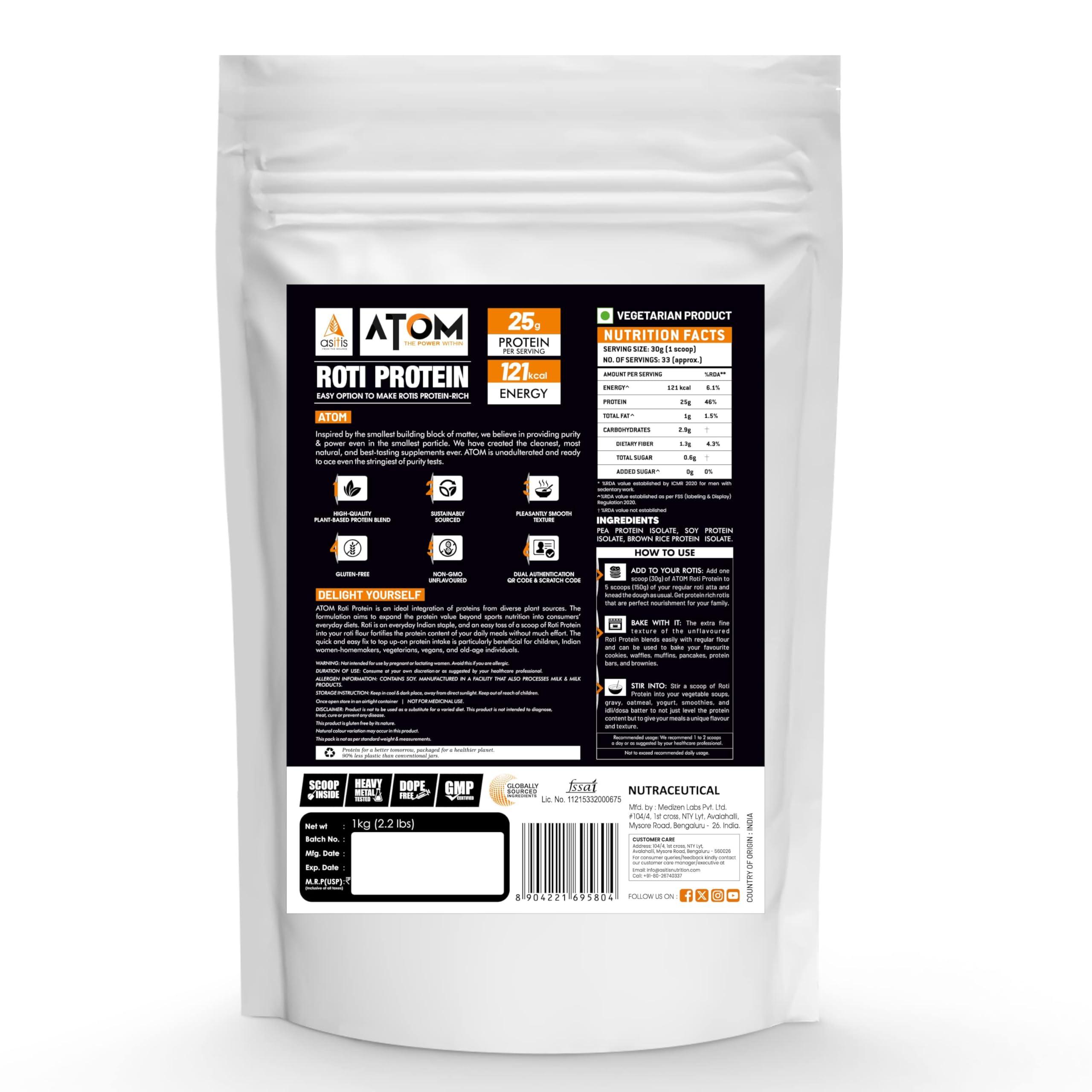 Asitis Nutrition AS-IT-IS ATOM Roti Protein 1kg | Make Roti’s Protein Rich | Easy to use | 25g Protein per Serving