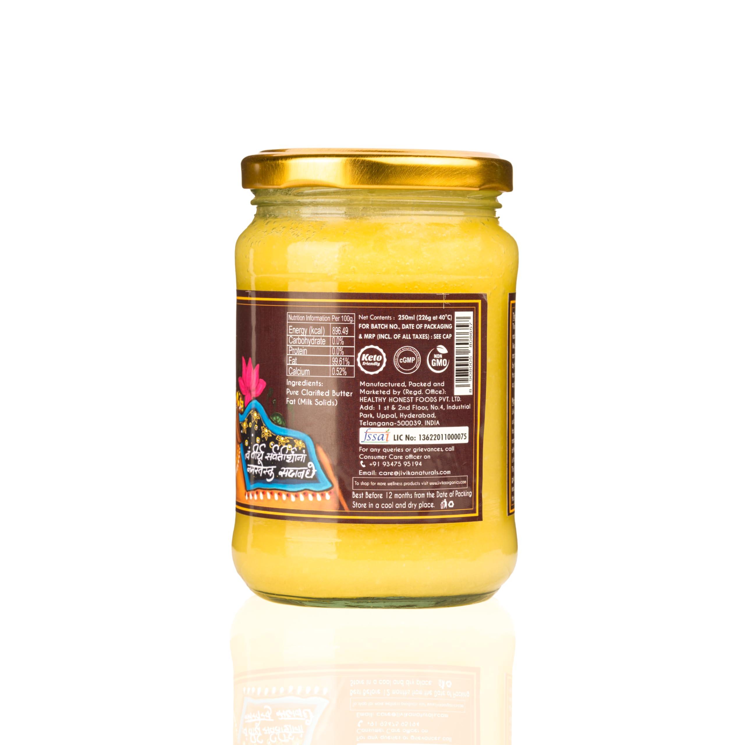JIVIKA NATURALS Jivika Premium A2 Gir Cow Ghee 250ml | Vedic Bilona Method | Lab Tested | Pure Desi Cow Ghee | Hand Churned Two-way Direction | Churned from Curd | Pure Ghee | Danedar | Glass Jar