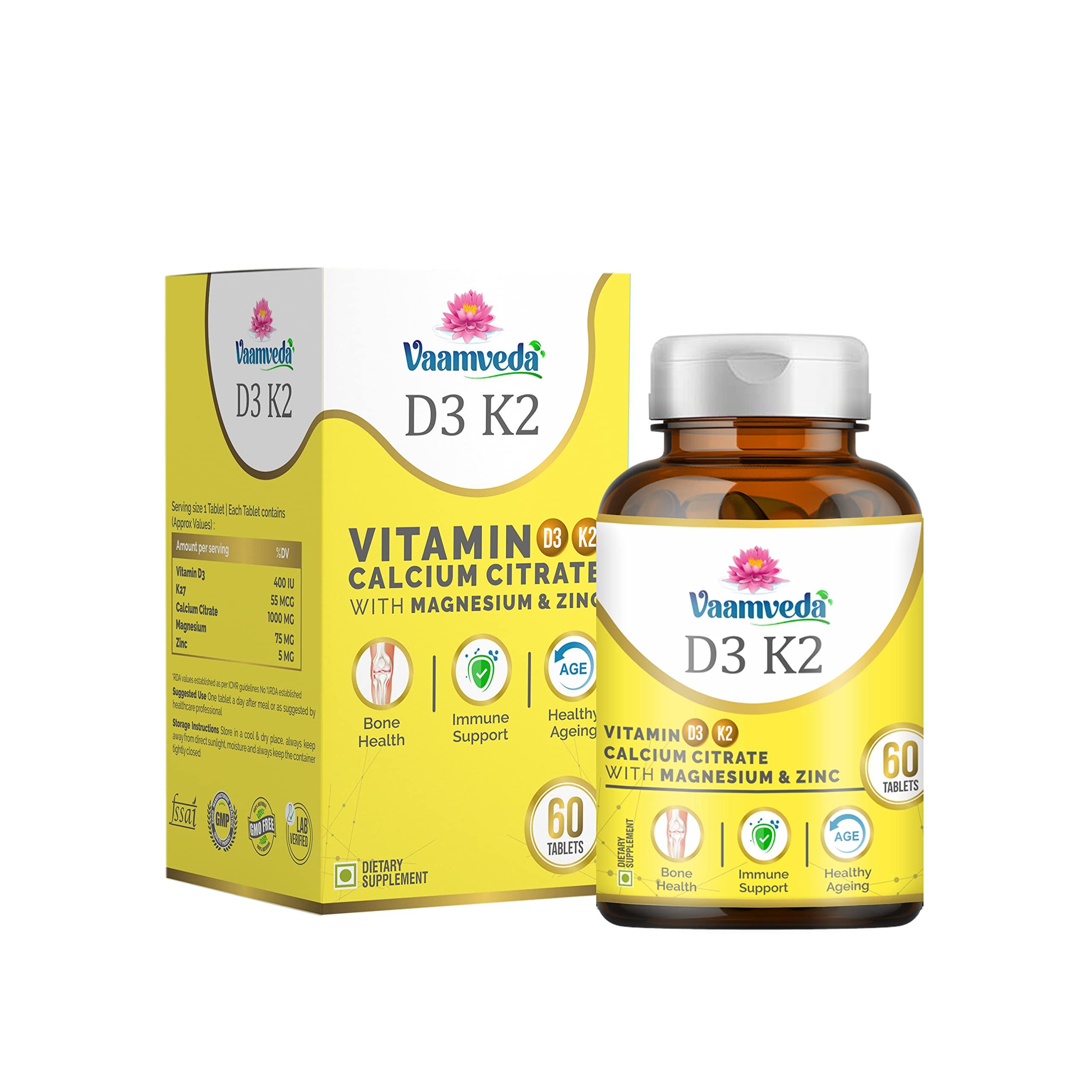Vaamveda Vaamveda Advanced Calcium Tablets for Women and Men -Calcium Magnesium Zinc Vitamin D3, Calcium Citrate for Strong Bone, Joint Support - 1000mg Calcium and Vitamin D3 Tablets, 60 Veg Tab