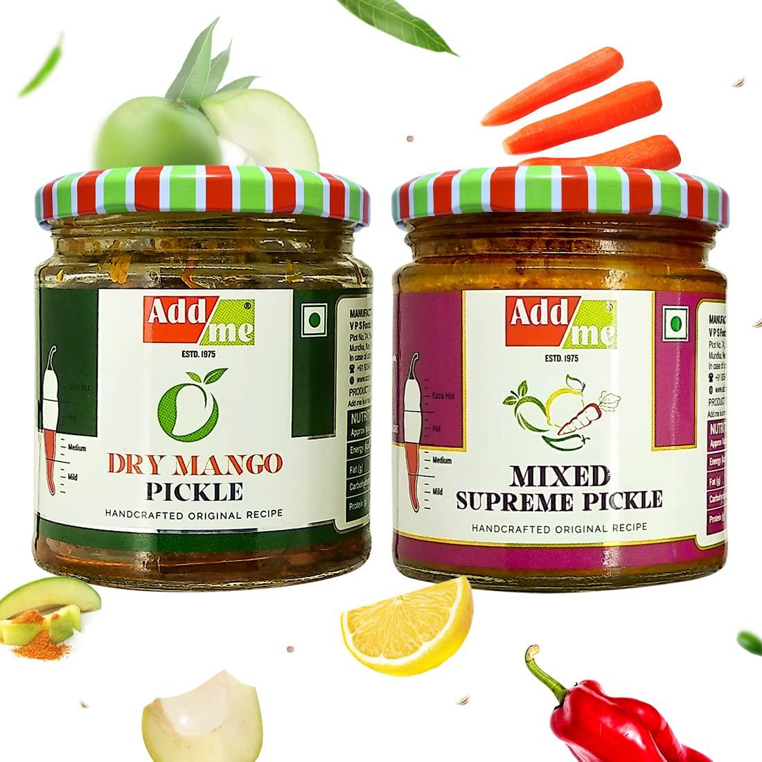 Add me Add me Mixed Supreme Pickle 200gm, Dry Mango Pickle, sukha North Indian aam ka achar 150gm Mix Combo Gift Pack Glass Jar