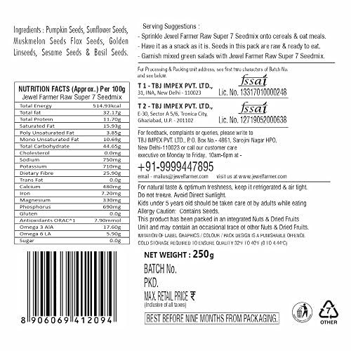 JEWEL FARMER JEWEL FARMER Raw Super 7 Seedmix with Pumpkin Seeds, Sunflower Seeds, Muskmelon Seeds, Flax Seeds, Golden Linseeds, Sesame Seeds, Basil Seeds (250g)
