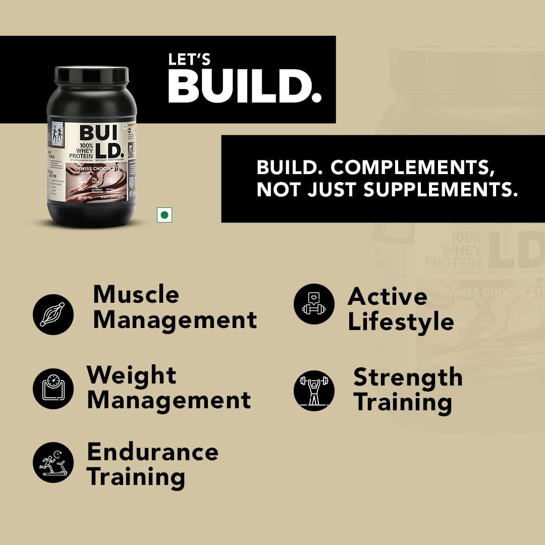 BUILD BUILD. 100% Whey Swiss Chocolate Flavor-1 kg | 24 gms Whey Protein Concentrate | Primary Source Whey Isolate| 5.5 gms of BCAA| Enzymes Added for Better Digestion| No Sugar| Muscle Building & Recovery