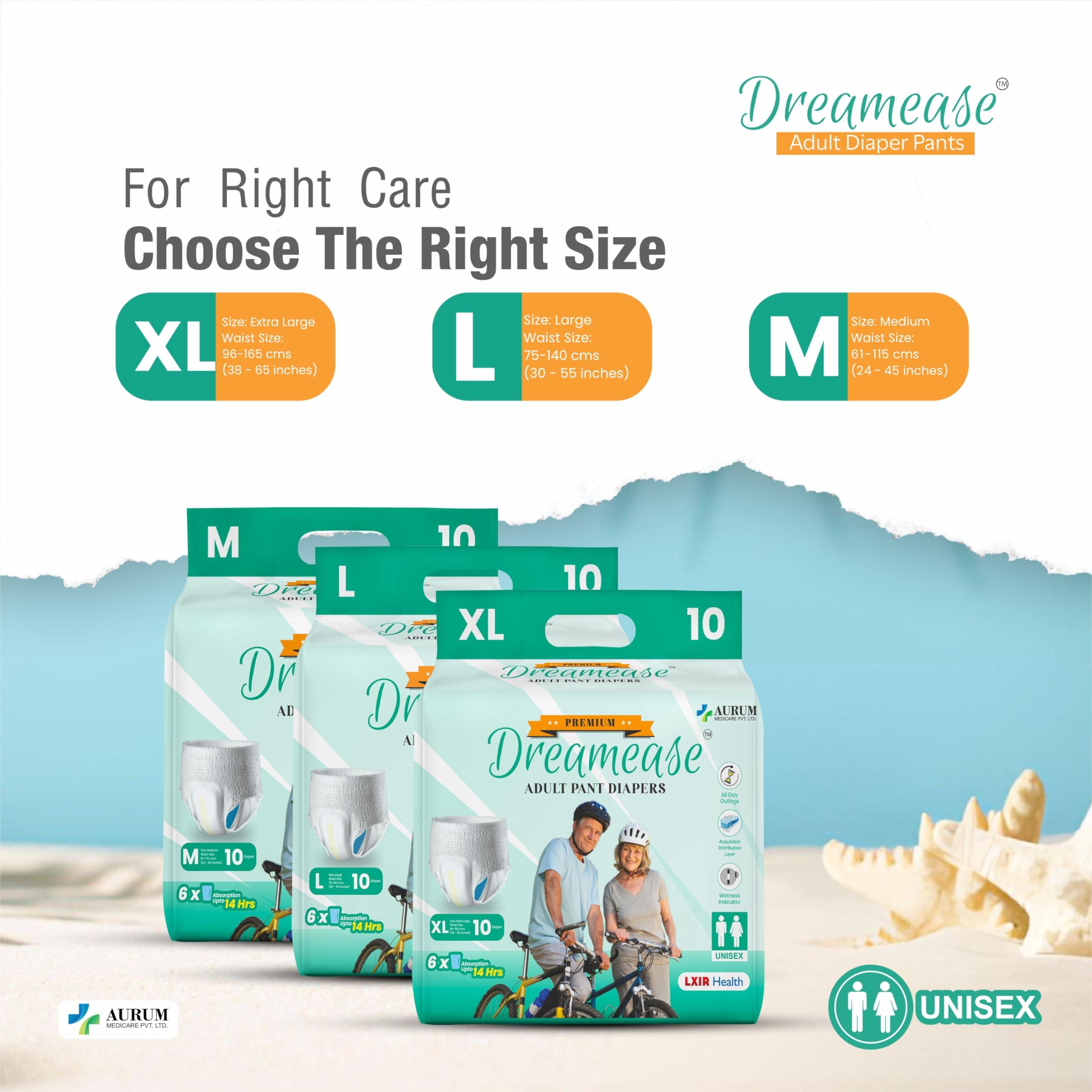 Dreamease Dreamease Adult Diapers Pants Style | Medium Size (M) Waist (61-115 Cm | 24-45) | 6X Super Absorbency Upto 14 Hrs | Unisex with Wetness Indicator | 10 Units. (XL)