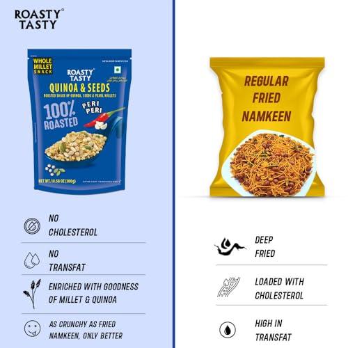 Roasty Tasty Roasty Tasty Quinoa & Seeds Peri Peri | Healthy Snacks | Roasted White Quinoa Puffs, Bajra & Seeds Mix | Rich in Protein for Adults & Kids | No Cholesterol, No Transfat | Diet Mixture | Peri Peri Masala | Gluten Free | Roasted Namkeen | 300g