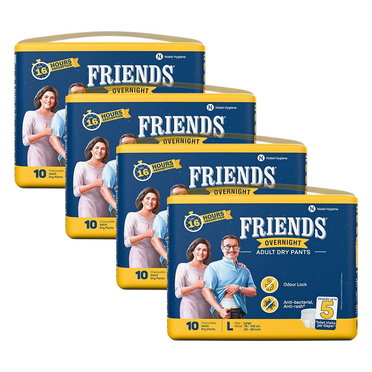 Friends Friends Overnight Adult Diapers Pants Style - 40 Count (Large) with odour lock, Unisex, Leakproof, Elastic Waist and Anti-Bacterial Absorbent Core - Waist Size 30-56 Inch; 76-142 cm