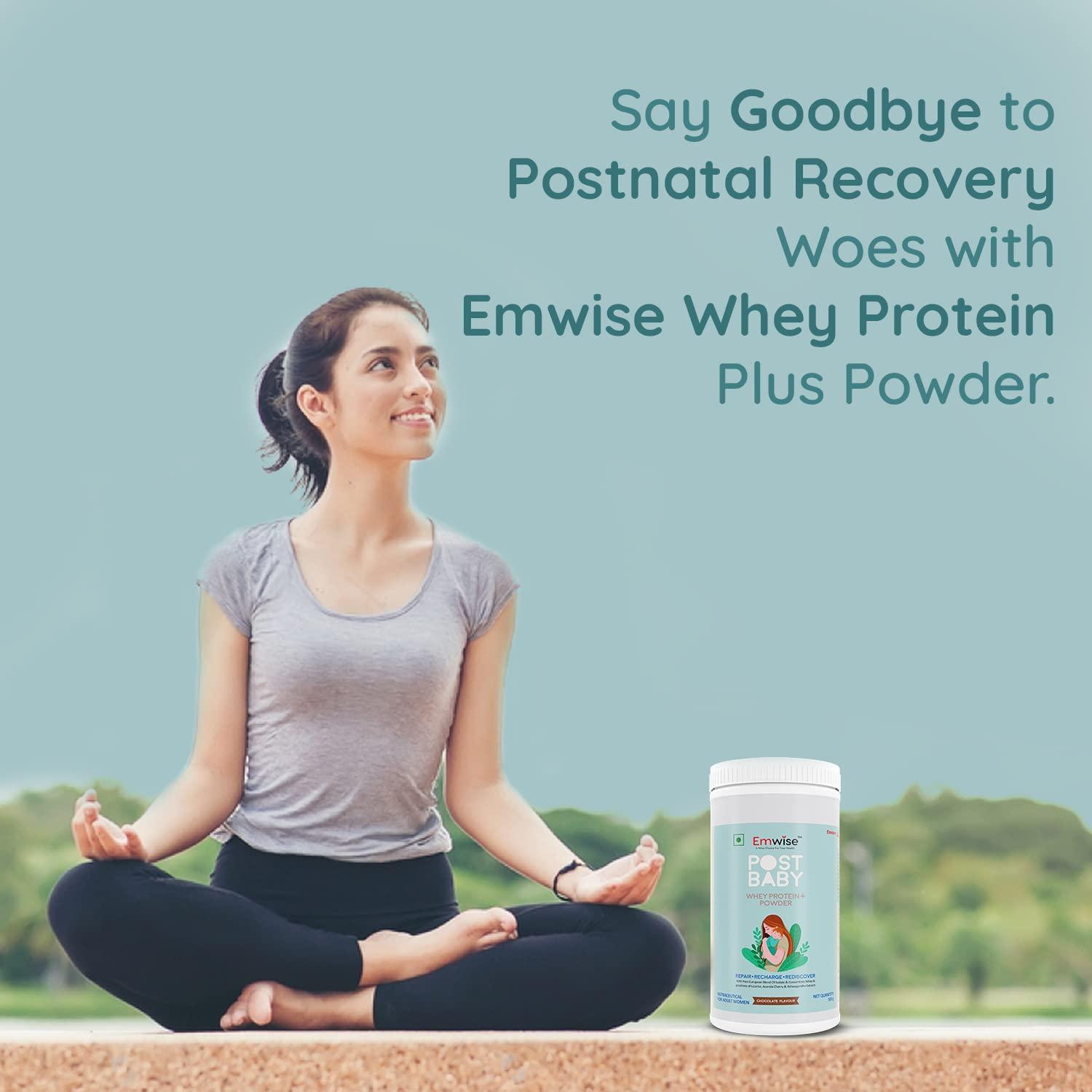 EMWISE Emcure Emwise Post Baby Whey Protein Powder - Chocolate, Women Recovery, Pure European Blend of Isolate & Concentrate Whey & Goodness of Licorice, Acerola Cherry & Ashwagandha Extracts - 500g