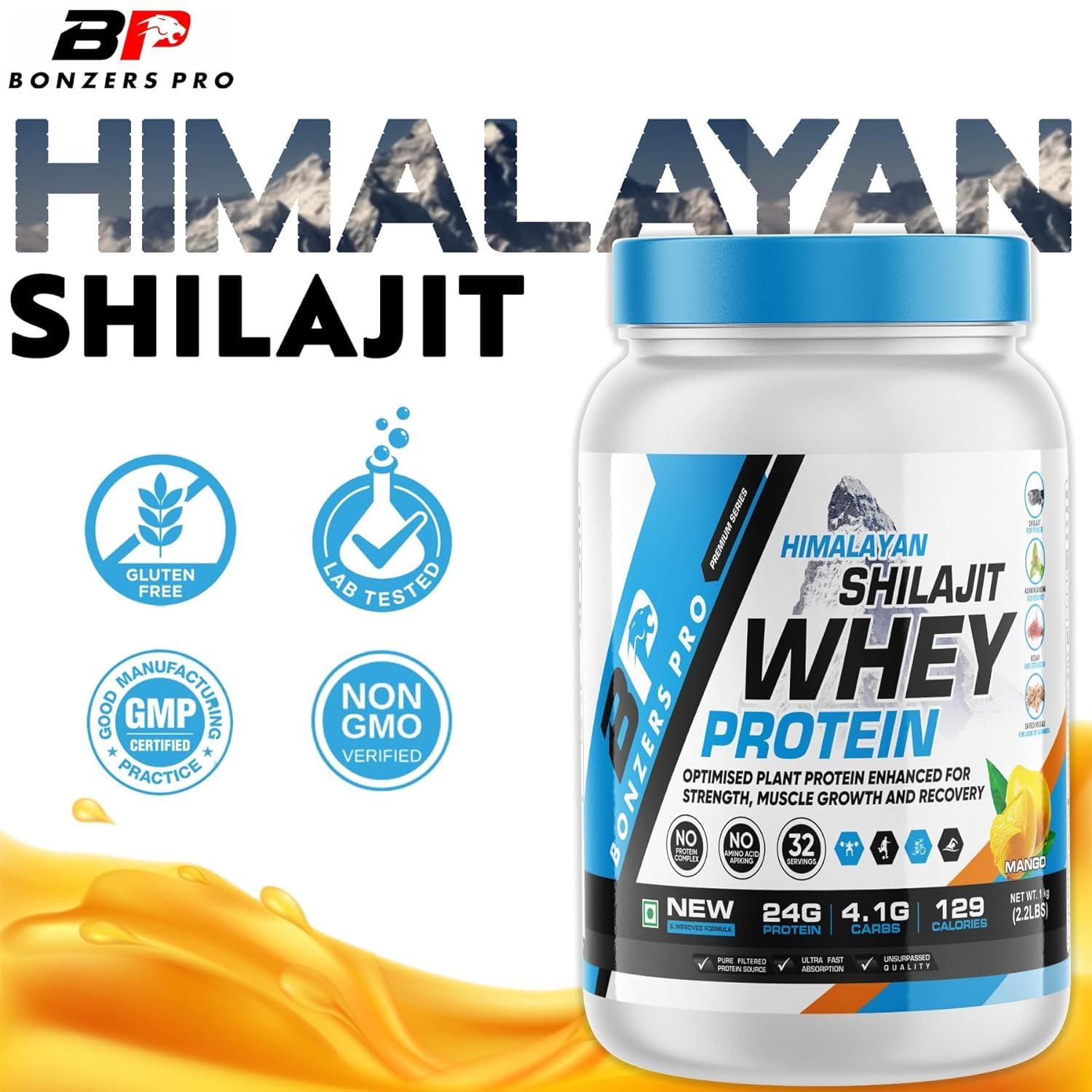 BONZERS PRO Bonzers Pro Himalayan Shilajit Whey Protein - 1 Kg (2.2 lbs) | 24g Protein, 5.5g BCAA, Ashwagandha, Safed Musli, Kesar for Muscle Growth | Mango Flavor