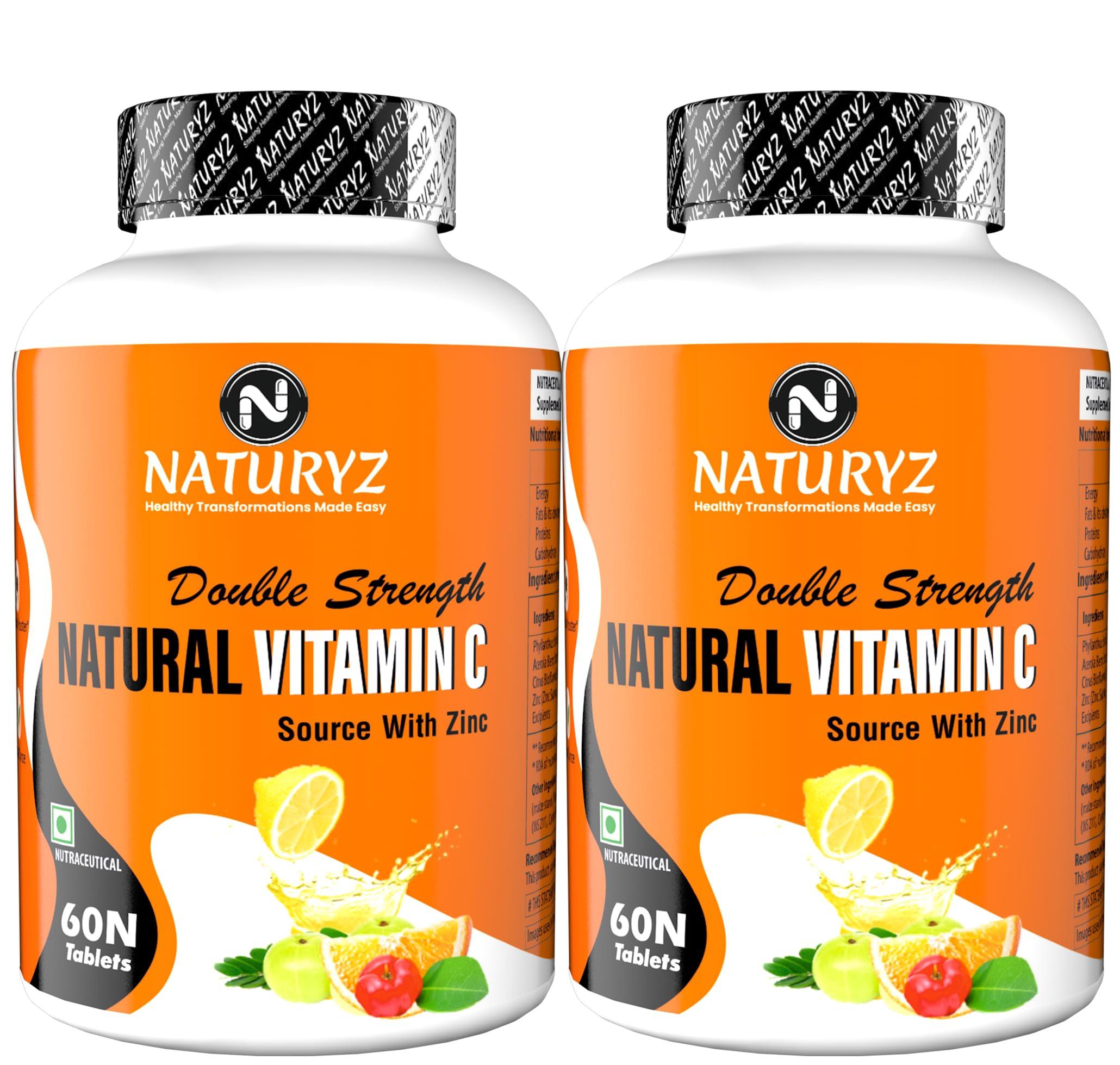 Naturyz Naturyz Double Strength Natural Vitamin C & Zinc Supplement with Amla, Acerola Cherry, Citrus Bioflavonoids rich in Antioxidants for Immunity Support & Skincare pack of 2 (120 Vegetarian tablets)