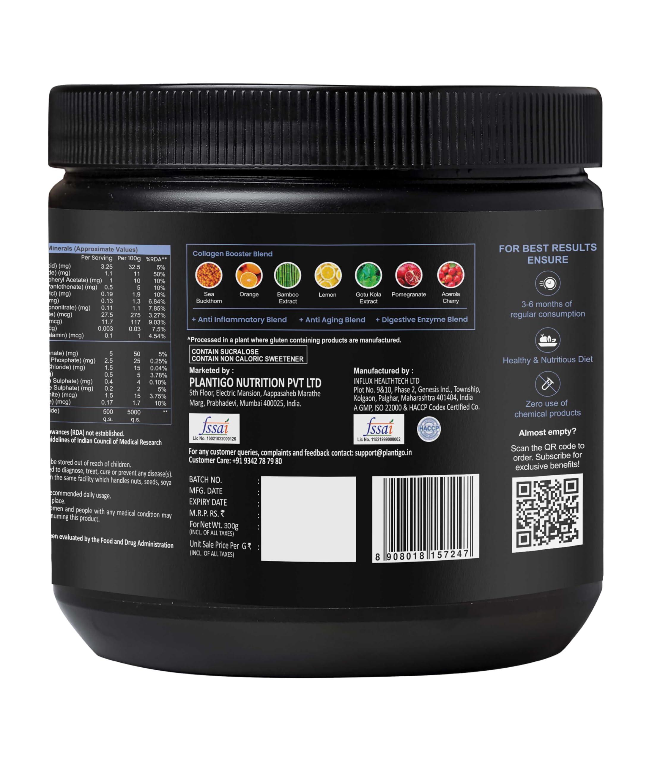 PLANTIGO Plantigo Plant Collagen Builder Powder For Skin Glow & Radiance With Biotin, Hyaluronic Acid, Vitamin A, C, E & Antioxidants - 30 Servings Collagen Booster (Mixed Berry Flavor - 300g + Shaker, 600ml)