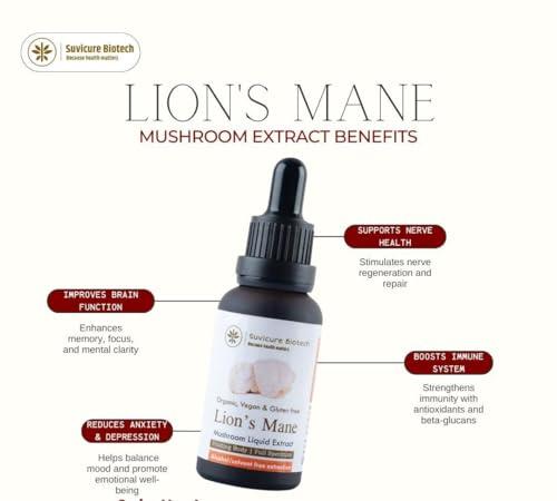 Suvicure Biotech Suvicure Biotech Lion\'s Mane Mushroom Liquid Extract - 30ml | Supports Cognitive Function, Focus, Mental Clarity, Mood, and Brain Health | Natural Herbal Supplement | 60 Servings