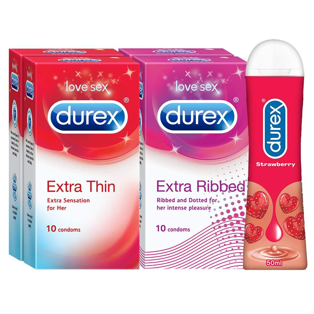 Durex Pleasure Packs (Durex Extra Thin 10s, Extra Ribbed 10s, Extra Thin 10s, Extra Ribbed 10s, Strawberry 50 ml)