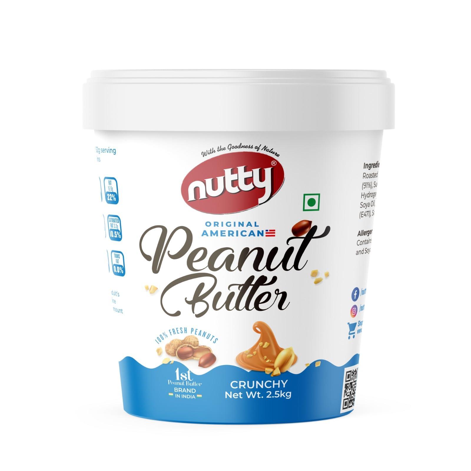 NUTTY NUTTY Goodness of Crunchy Natural Peanut Butter | Unsweetened & 100% Roasted Peanuts | No Added Sugar, Salt, or Hydrogenated Oils | High Protein Peanut Butter Crunchy | Gluten-Free & Vegan | 2.5kg Jar