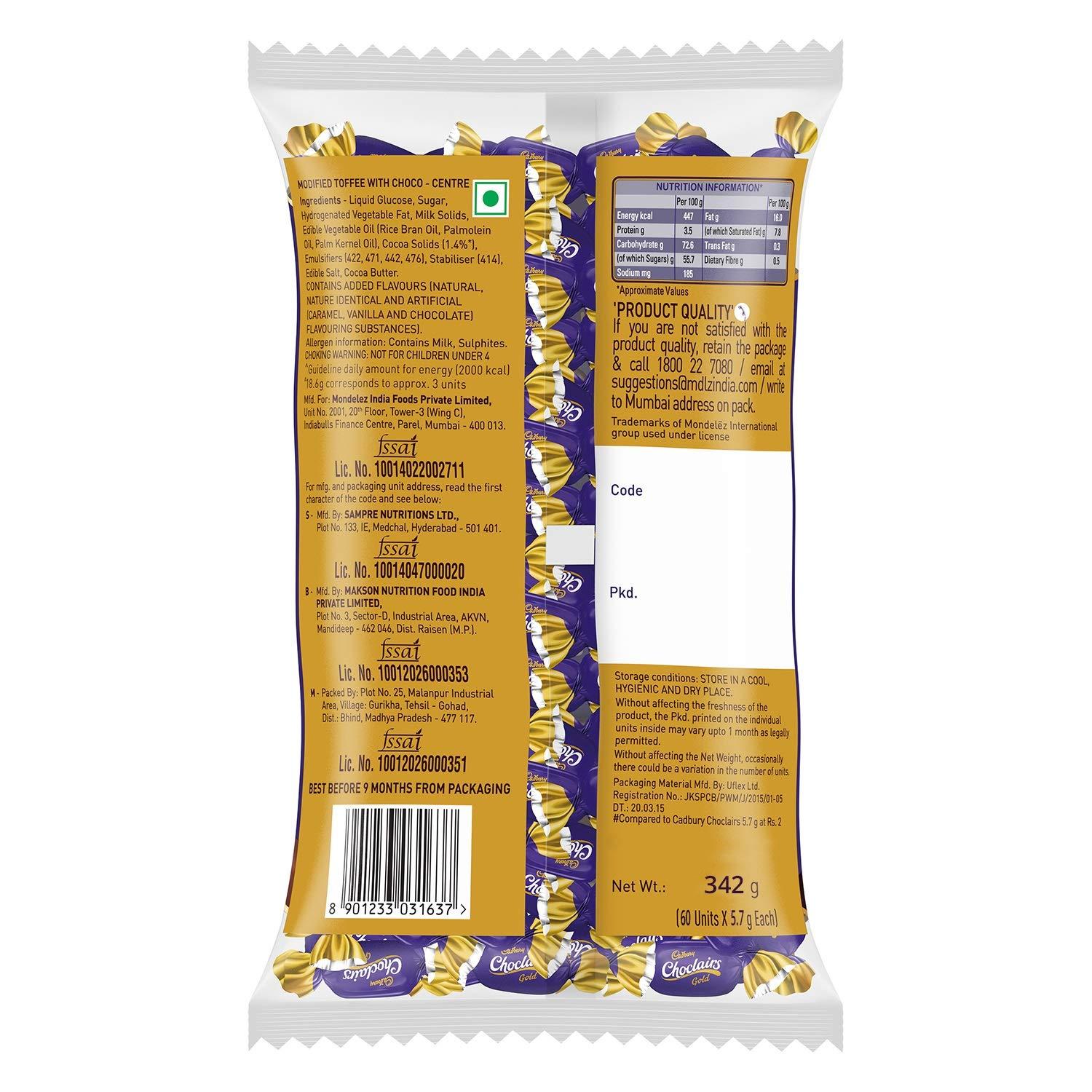 Cadbury Choclairs Cadbury Choclairs Chocolate Gold , 342 Grams Pack (60 Candies)