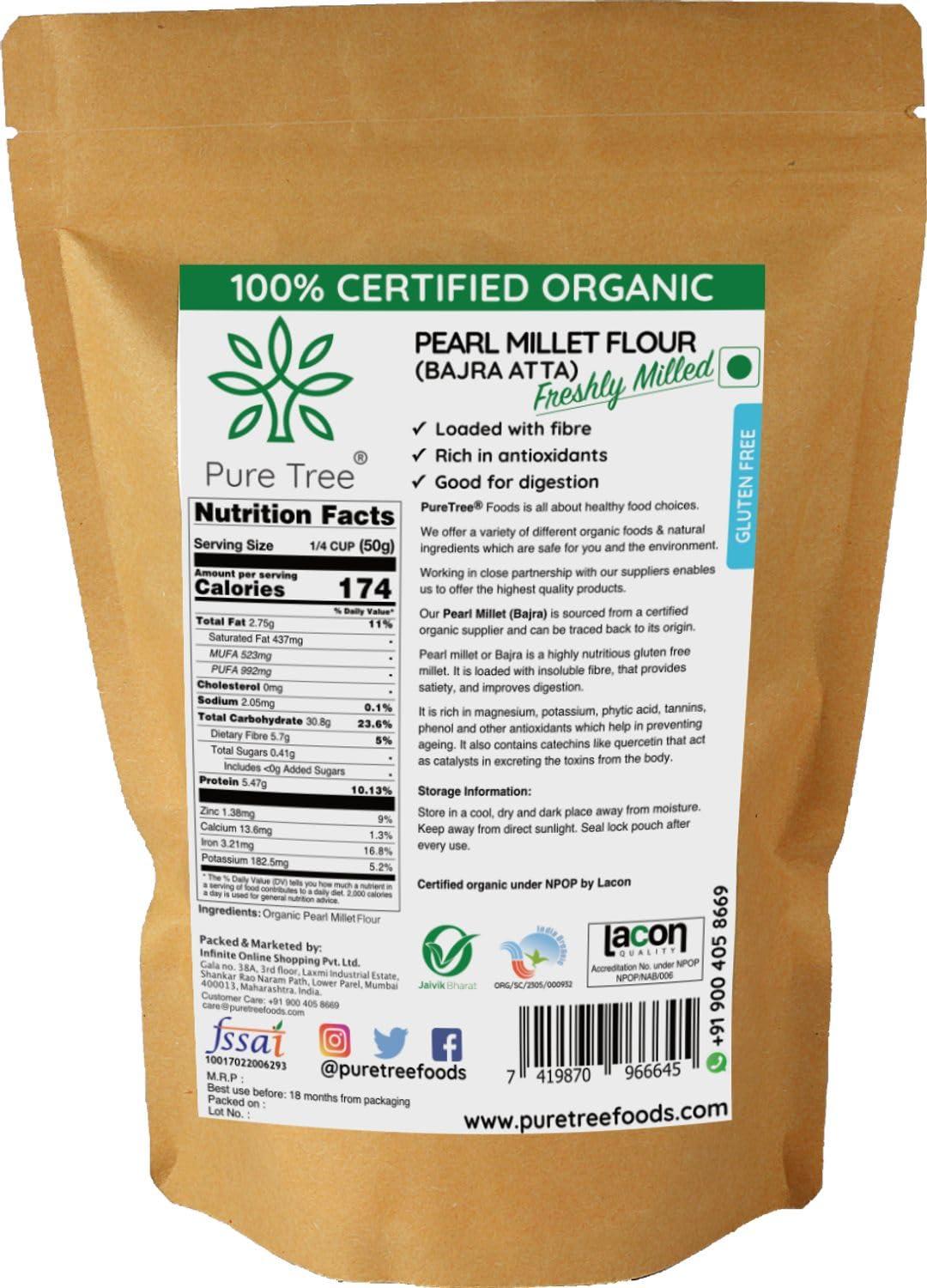 Pure Tree Pure Tree Certified Organic Bajra Flour Freshly Milled | 900 g | Bajra Atta | Gluten-Free Pearl Millet Organic Flour | Bajre Ka Atta | Millet Atta | Kambu Flour