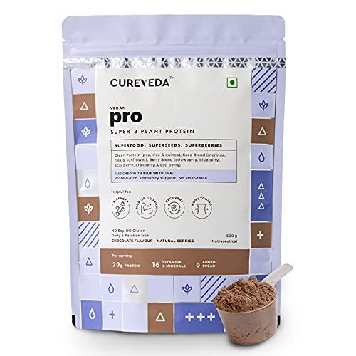 Cureveda Cureveda PRO Super-3 Vegan Plant Protein powder with Superfood, Superseeds & Superberries | Chocolate (500gm)