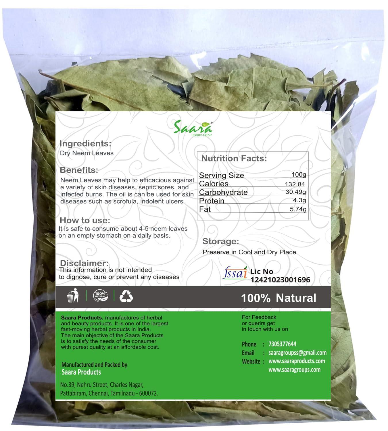 Saara HERBAL FRESH Saara HERBAL FRESH Dried Neem Leaves, 600g, Veppam Ilai, Dried Neem Leaf, Nimba Patti, Margosa Leaves, Indian Lilac, Neem Patra, Dry Neem Leaf,600g (Pack of 6 X 100g)