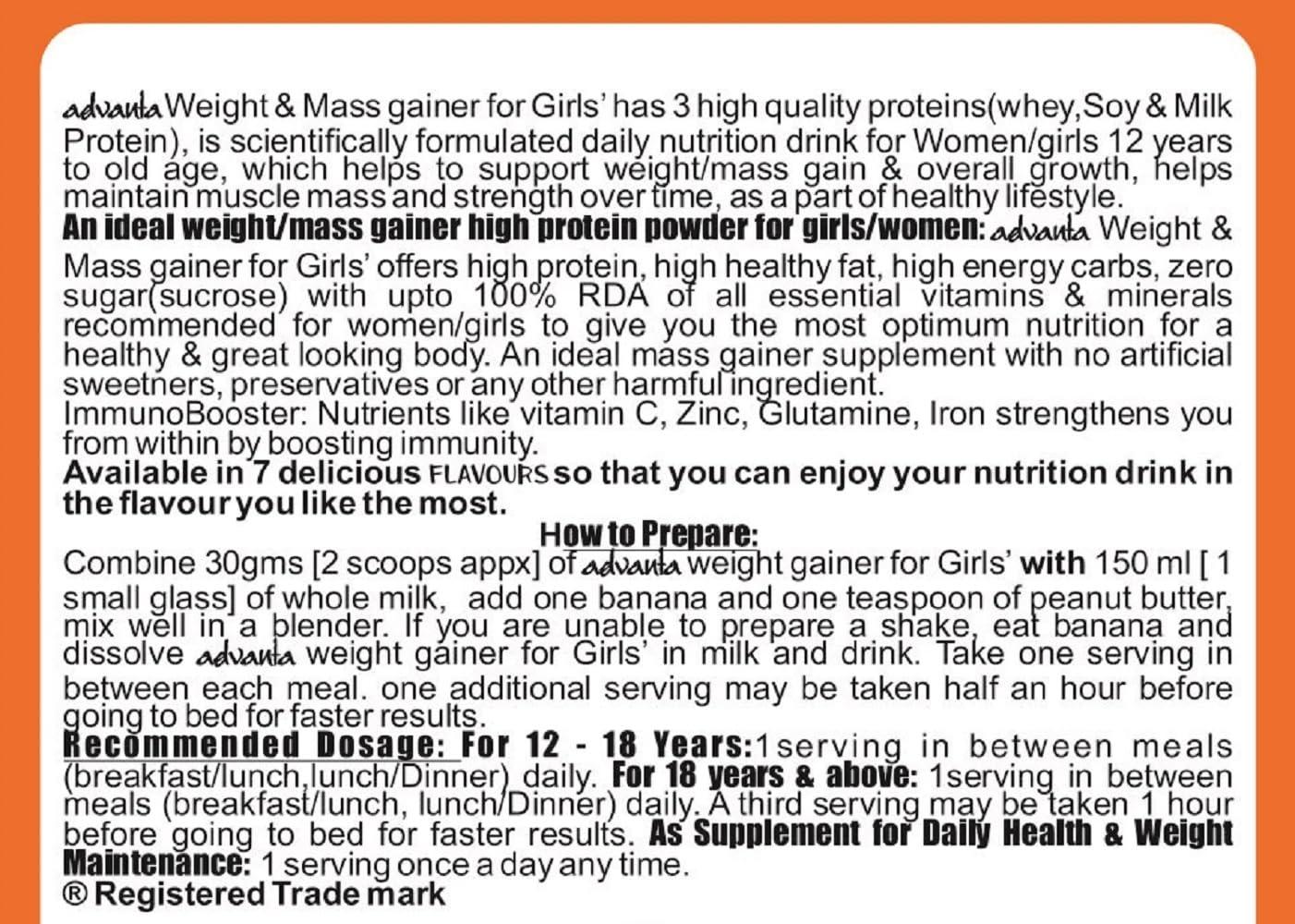 advanta Advanta Women Weight & Mass Gainer Protein Powder 500 g Strawberry