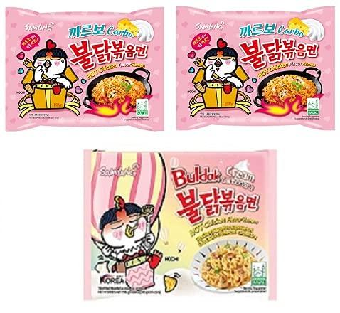 Sam Yang Samyang Buldak Carbo Noodles 2 & Buldak Cream Carbonara 1 (Pack of 3) (420gm) (Imported) Instant Noodles Non-vegetarian (3x140 g)(Combo Pack)