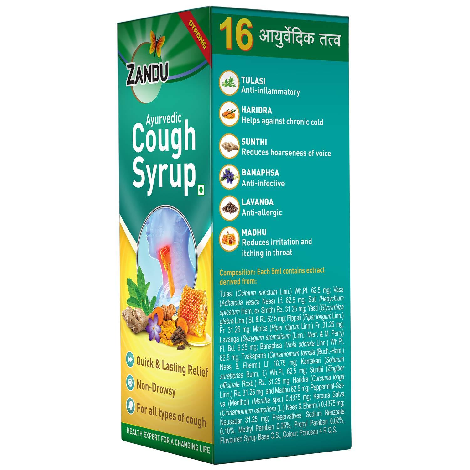 Zandu Zandu Ayurvedic Cough Syrup | With 16 Effective Ayurvedic Ingredients | Quick & Lasting Relief | Non-Drowsy | For All Types of Cough | 200 ML