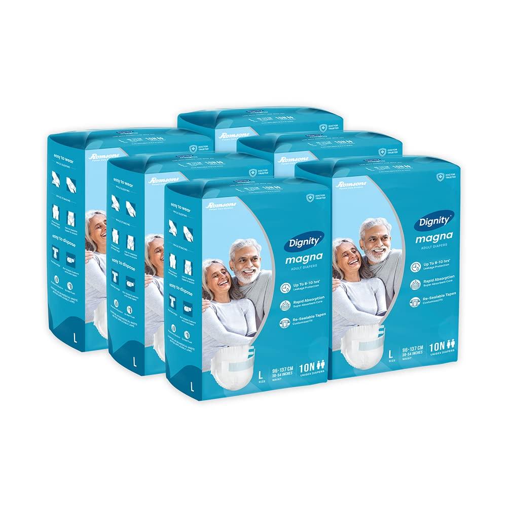 DIGNITY Dignity Magna Adult Diapers Tape Style - 60 Count (Large) with Extra Absorbent Core, Wetness Indicator, Waist Size 38\" - 54\", 10 Pcs/Pack (Pack of 6)