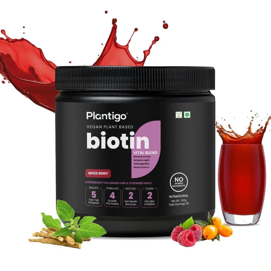 PLANTIGO Plantigo Biotin for Hair Growth | Vegan Biotin Supplement Powder for Men and Women Hair Thickness, Density and Repair | Sesbania Agati, Sea Buckthorn, Bamboo Shoot, Amla - (Mixed Berry Flavor - 300g)