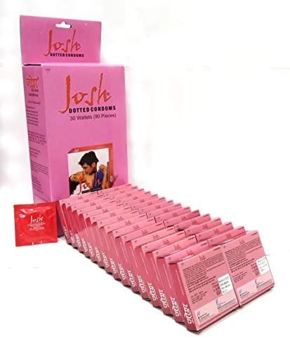 Josh Josh Pink Coloured Lubricated Dotted condoms for Sex Condoms for Men Pack of 30 Wallets (90 Condoms)