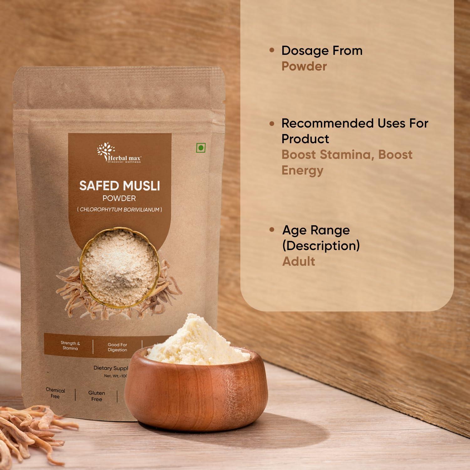 Herbal max Herbal max Organic Safed Musli Root Powder - 100 gm | Ayurvedic Support for Vitality & Performance | Herbal Supplement | Strength & Stamina