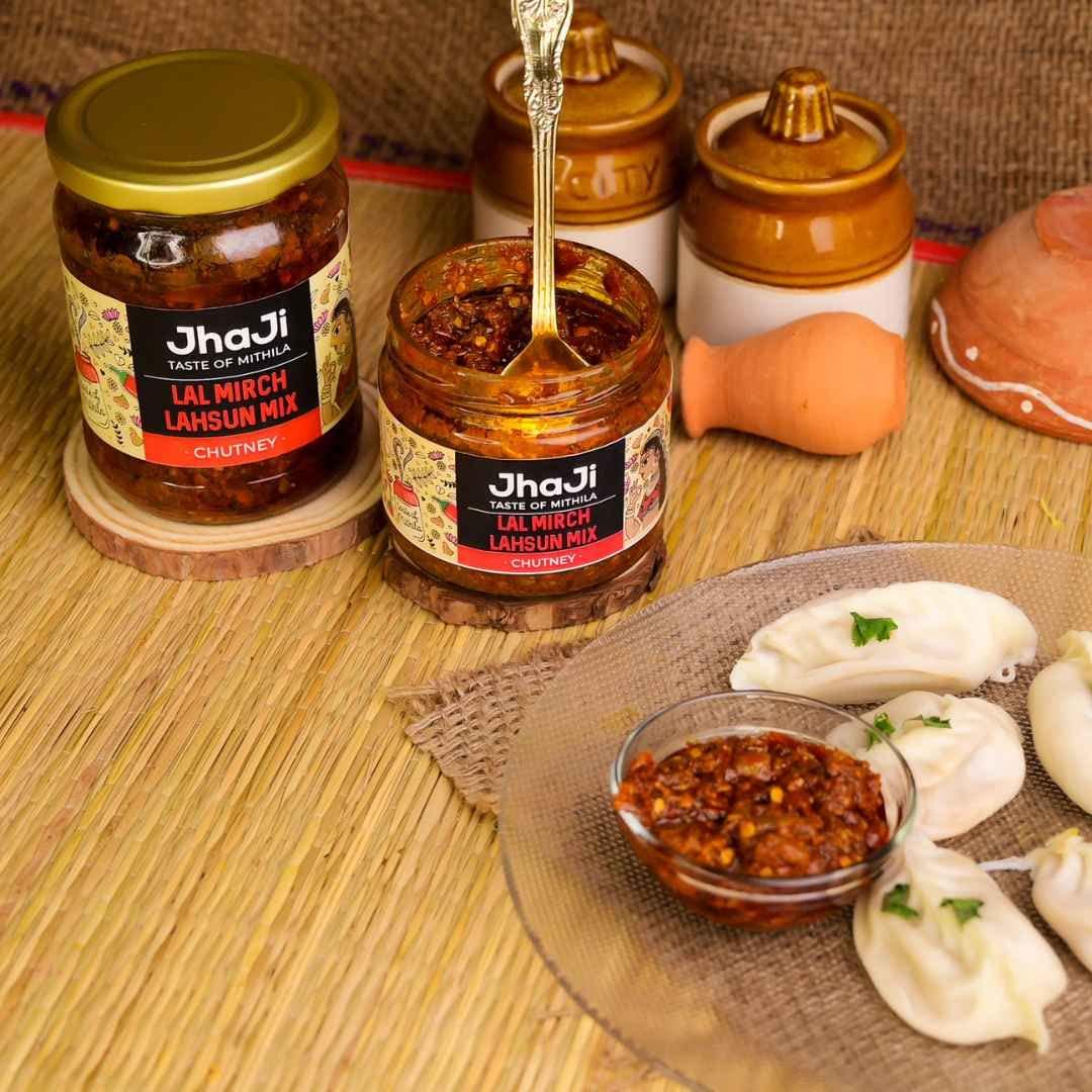 JhaJi - Taste of Mithila JhaJi - Taste of Mithila Store\'s Lal Mirch Lahsun Chutney | Bihari Style Homemade| Tangy, Spicy, Sour and Chatpata |Chopped Banarasi Lal Mirch | Sun-Dried. No Artificial Preservatives & Colors - 250g