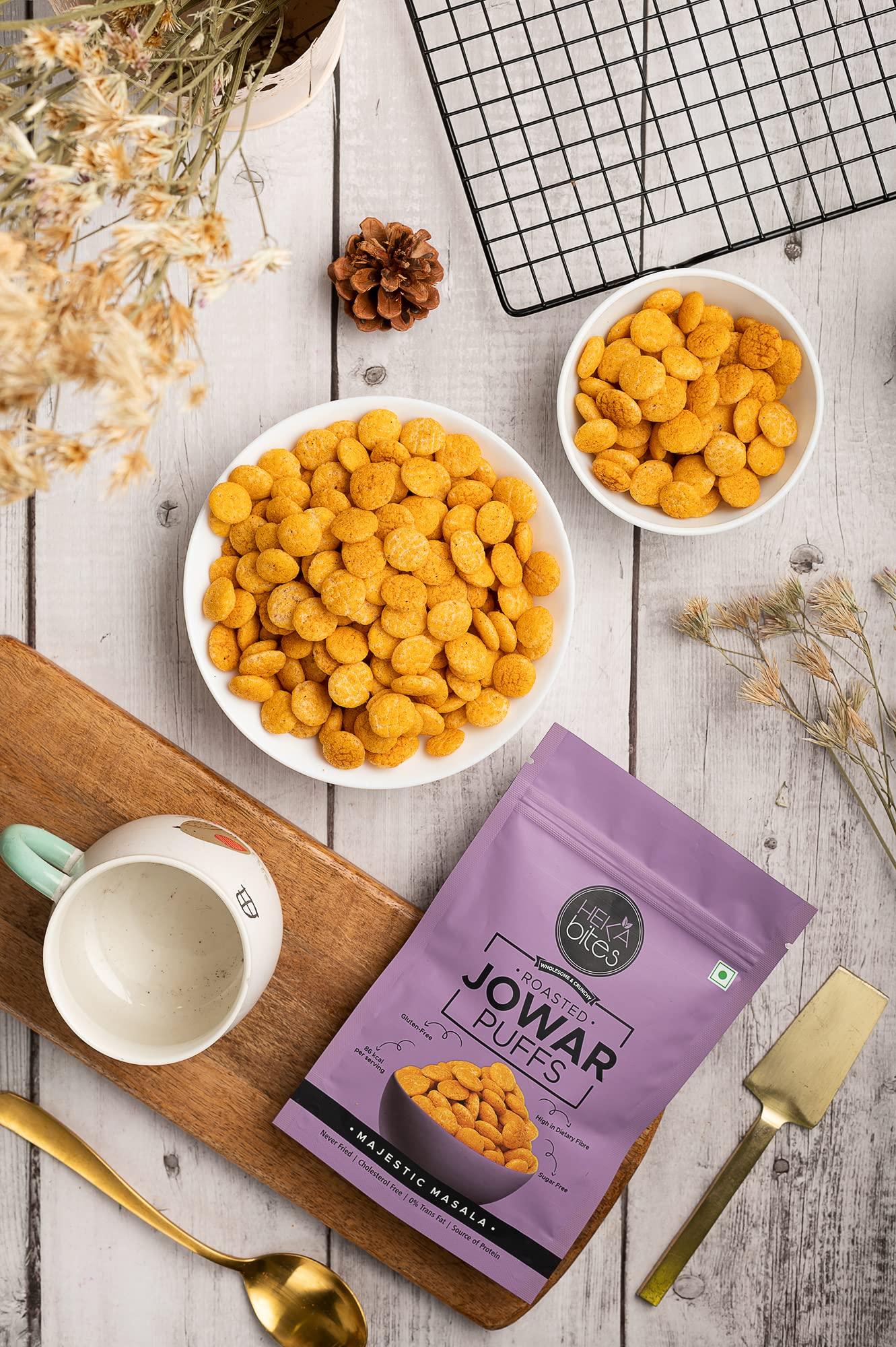 HEKA bites HEKA bites Roasted Jowar Puffs Majestic Masala - Pack of 8 | 86 Kcal | Made with 80% Jowar| Healthy Snack| Sugar Free| Cholesterol Free| Gluten Free (30g x 8) (Pack of 8)