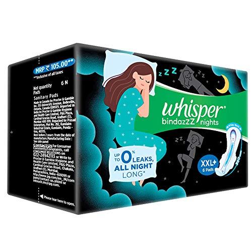 Whisper Whisper Bindazzz Night Koala Soft Sanitary Pads|Pack of 6 thin Pads|XXL+|upto 0% Leaks|60% Longer & wider back|Soft topsheet|36 cm Long|With disposable wrap