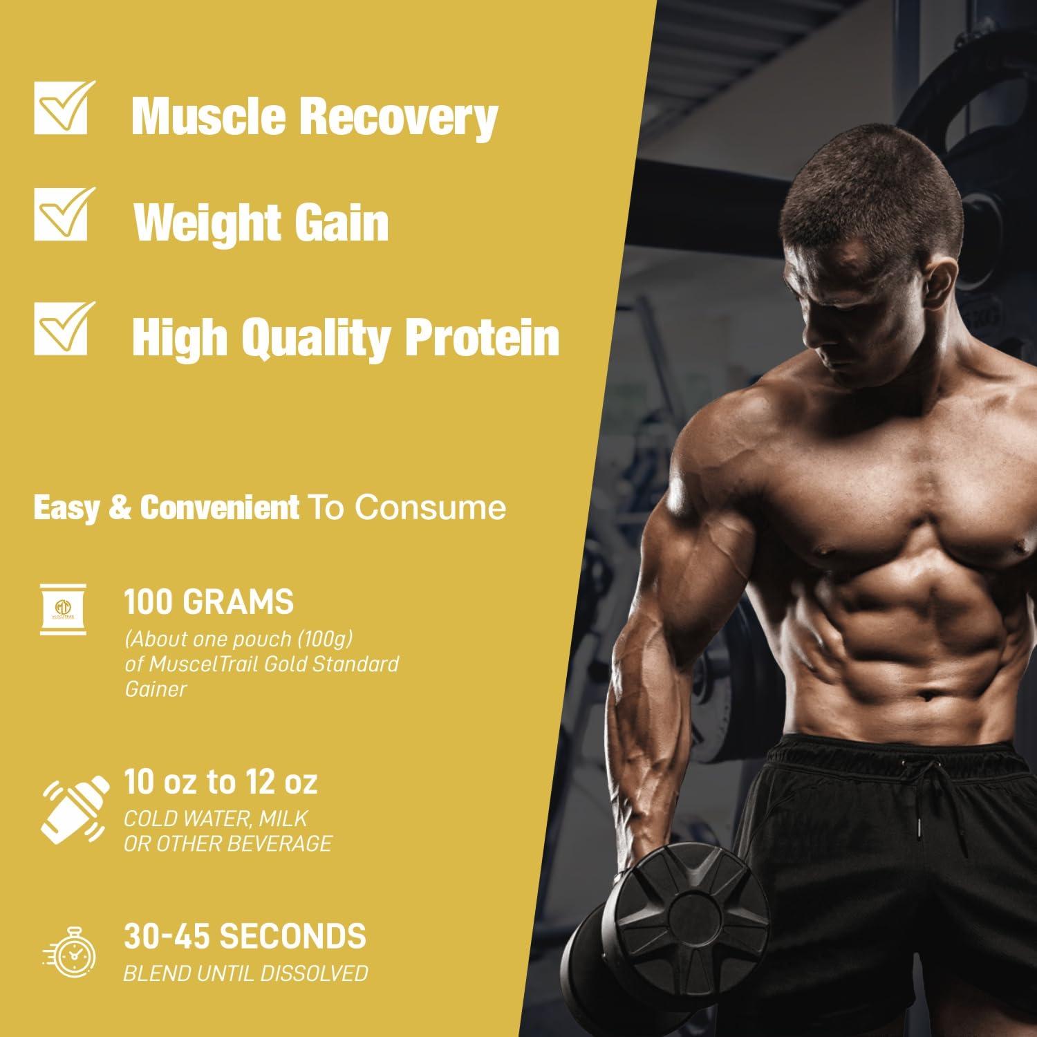 MUSCLETRAIL Muscle Trail Gold Standard Gainer Box Powder |30 pouches, 70g Protein | Composite Carbohydrates for Super Gain | 4g L-Glutamine, 1200 Calories, 3g Creatine Monohydrate (3kg, Banana)