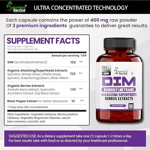 Humming Herbs Humming Herbs DIM - Diindolylmethane - 3 in 1 Formula - Organic Alkalizing/Superfood Extracts Spirulina,Berries Blend, Black Pepper Extract - 90 cap