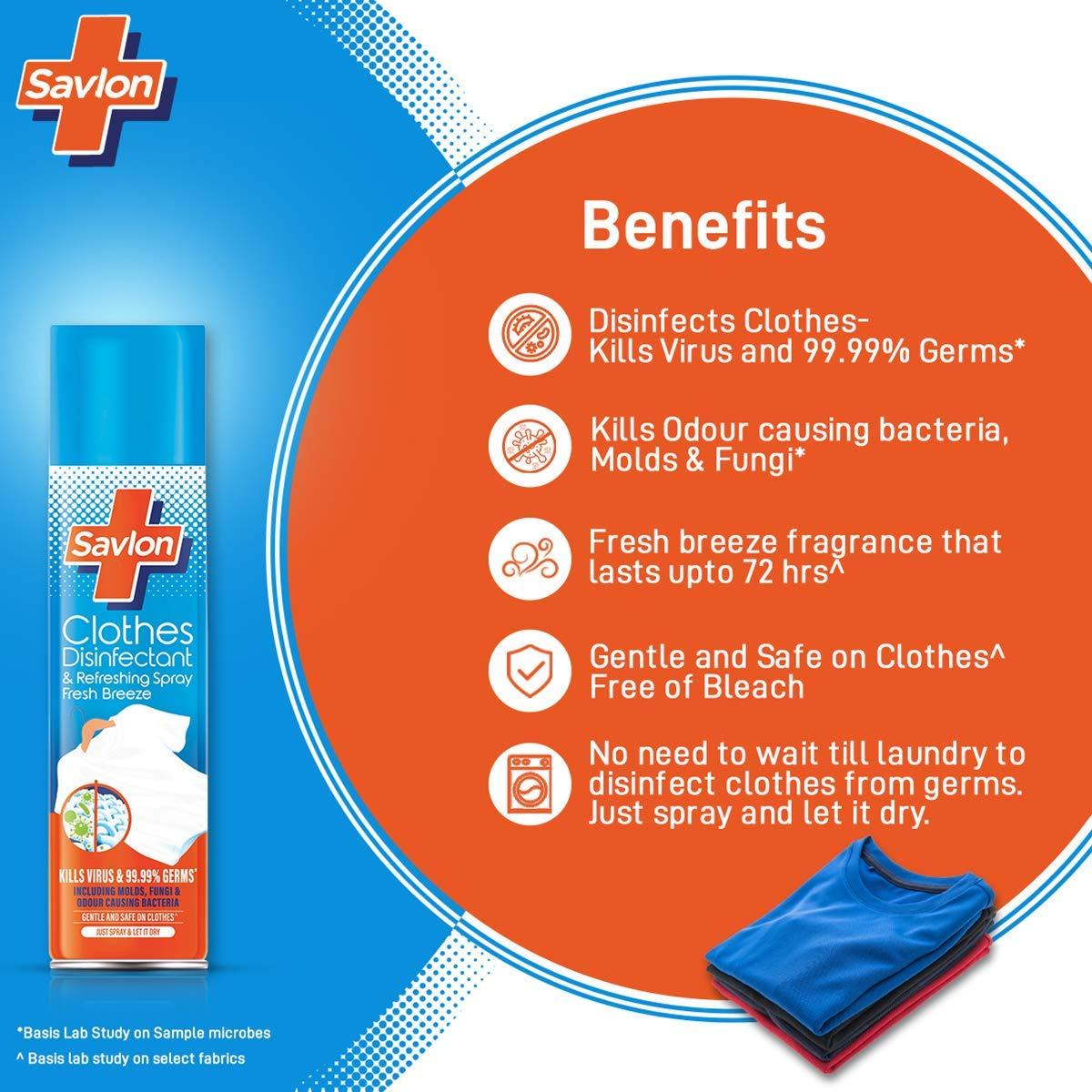 Savlon Savlon Clothes Disinfectant and Refreshing Spray & Savlon Germ Protection Wipes - 72s Pack (Pack of 2)