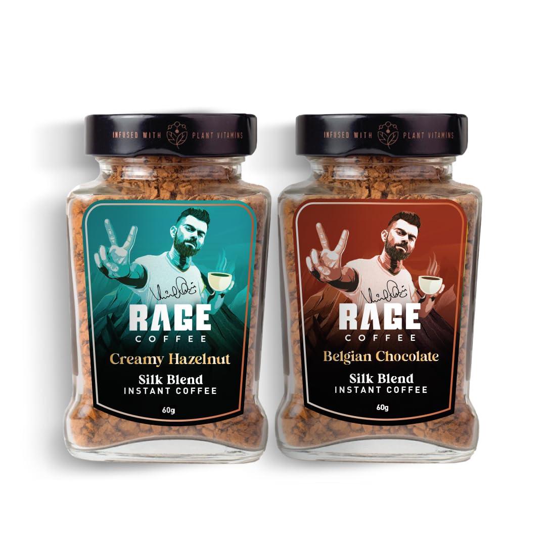 RAGE COFFEE RAGE COFFEE Silk Blend Instant Coffee|Belgian Chocolate & Creamy Hazelnut Silk Blend Flavoured Coffee 60 Gms Each|100% Pure Instant Coffee|Premium, Bold & Smooth|Pack Of 2 - Powder, Bottle