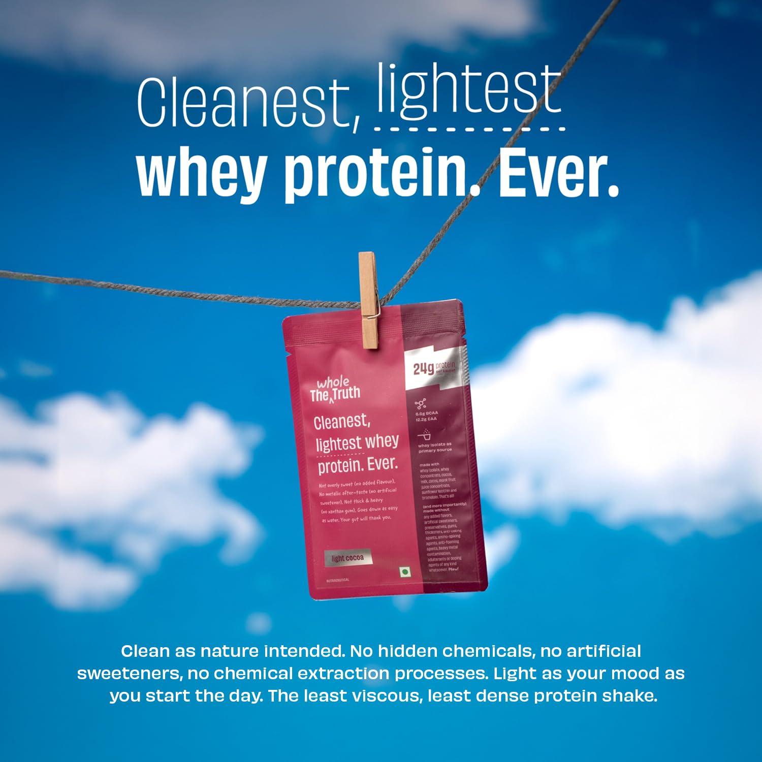 The Whole Truth The Whole Truth Whey Protein Isolate+Concentrate | Light Cocoa 210g (Pack of 6) | 24g Protein/Sachet 6.6g BCAA | 100% Authentic & No Adulteration | Clean, Light & Easy to Digest | Sample & Travel Pack