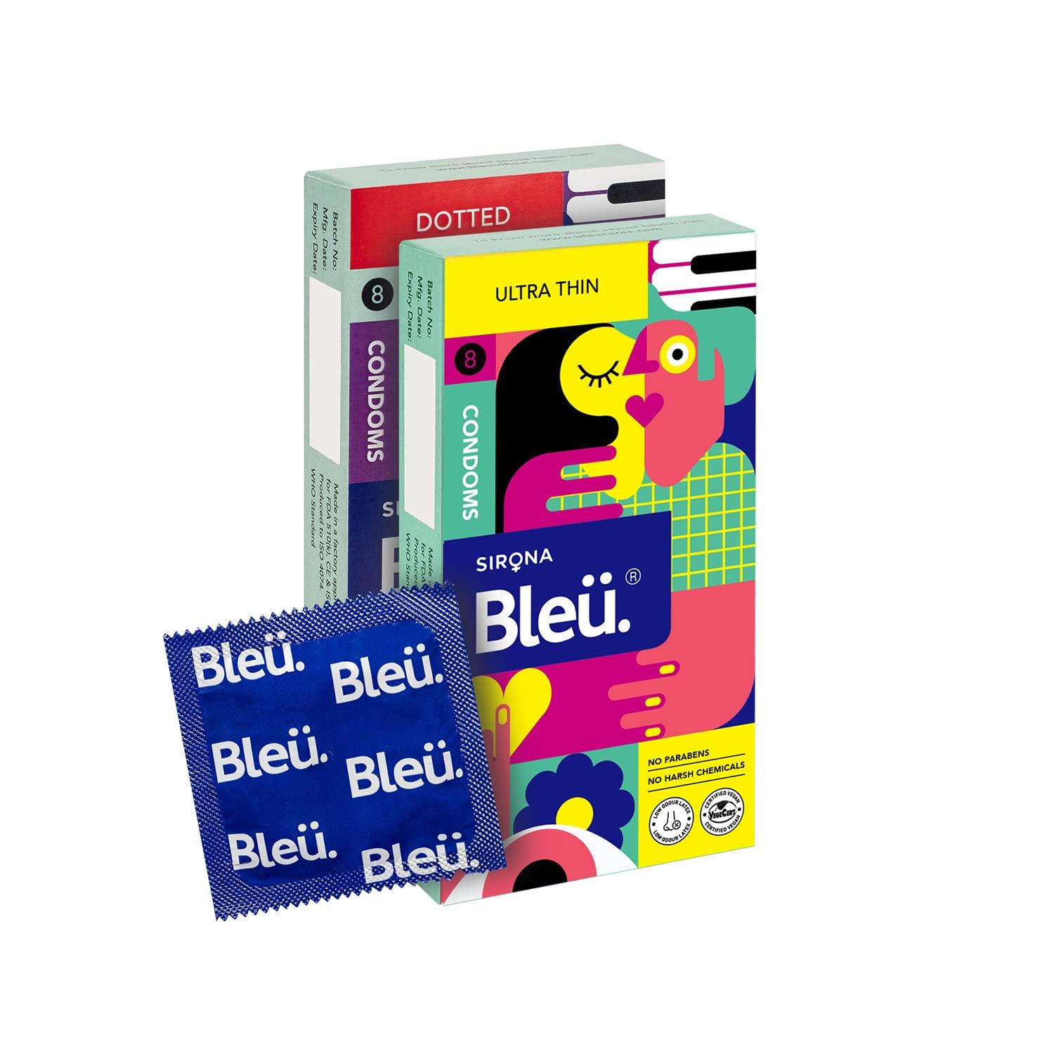 Bleu Bleu Natural Latex No Glycerin -No Paraben - Ultra Thin and Dotted Condom Combo(1 Pack each)
