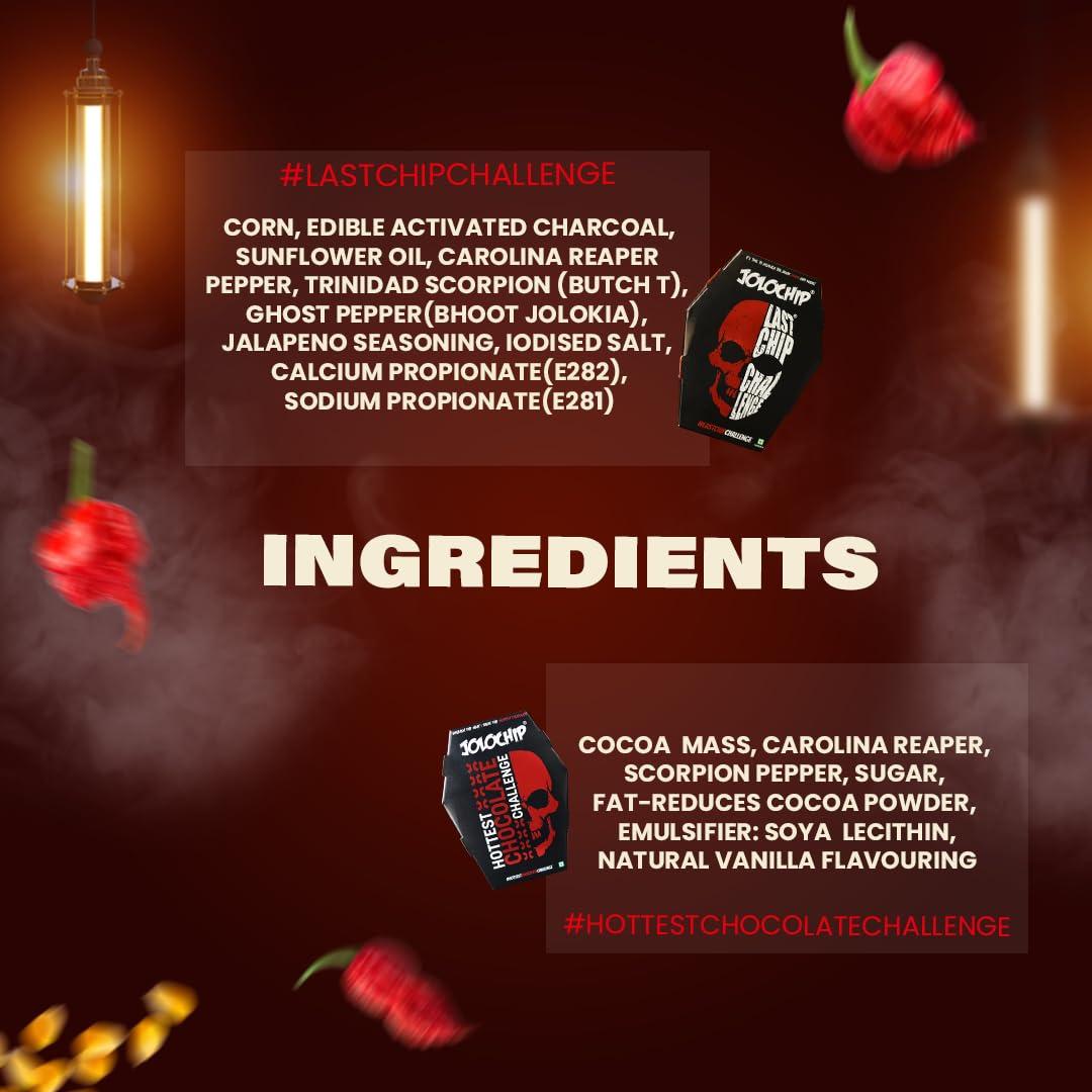 JOLOCHIP JOLOCHIP Deadly Combo  Includes Last Chip Challenge (5g) & Hottest Chocolate Challenge (10g)  Extreme Heat Duo with Carolina Reaper, Scorpion Pepper, and Ghost Pepper