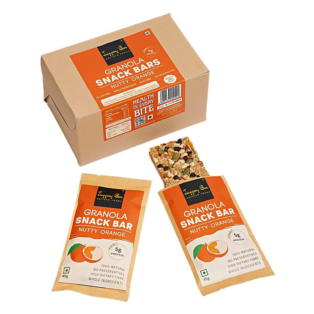 JAGGERY BOX Jaggery Box Nutty Orange Granola Snack Bar | All Natural with Wholegrains & Honey | No Preservatives & Artificial Flavours | 270g, Pack of 6 Bars