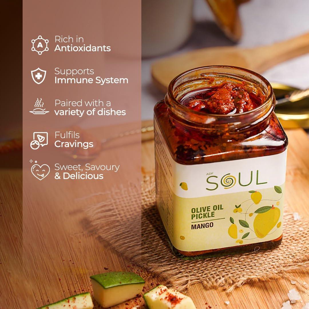 ADF Soul Soul Pickle In Olive Oil Combo Pack of 2 (Mango Pickle 265 GM + Garlic Pickle 275 GM)