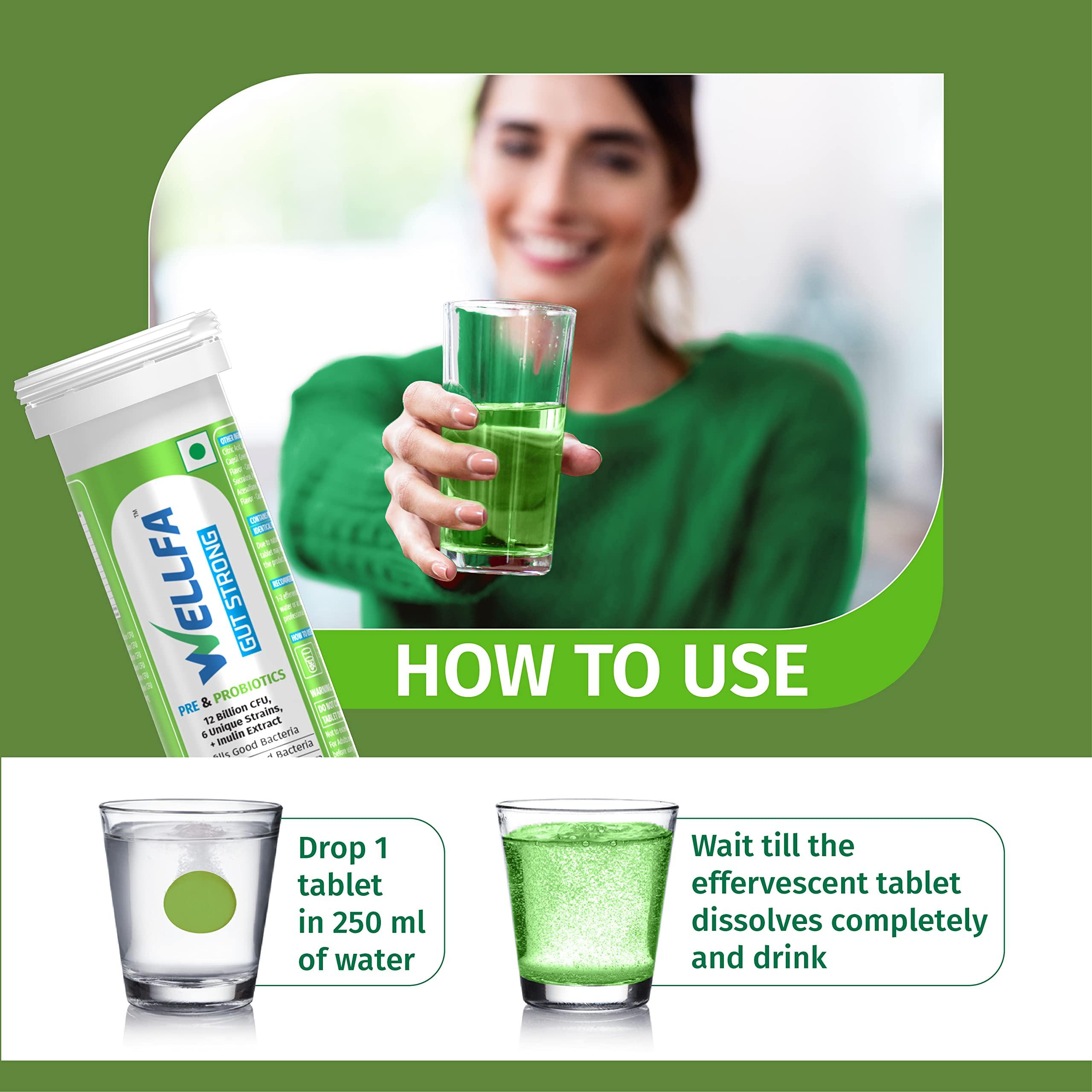 WELLFA Wellfa Gut Strong Tablets| Pre & Probiotic | 12 billion CFU Probiotic | 6 Unique Probiotic Strains | Prebiotic-Inulin Extract | Better Gut Health | Green Apple & Peppermint - 21 Effervescent Tablets