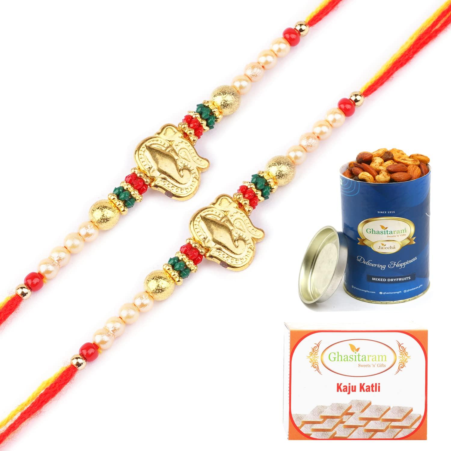 Ghasitaram Gifts Ghasitaram Gifts Rakhis Online for Brother-Set of 2 - R-2110 Rakhi Thread with 100 gms of Dryfruits Mix Can 200 gms of Kaju katli