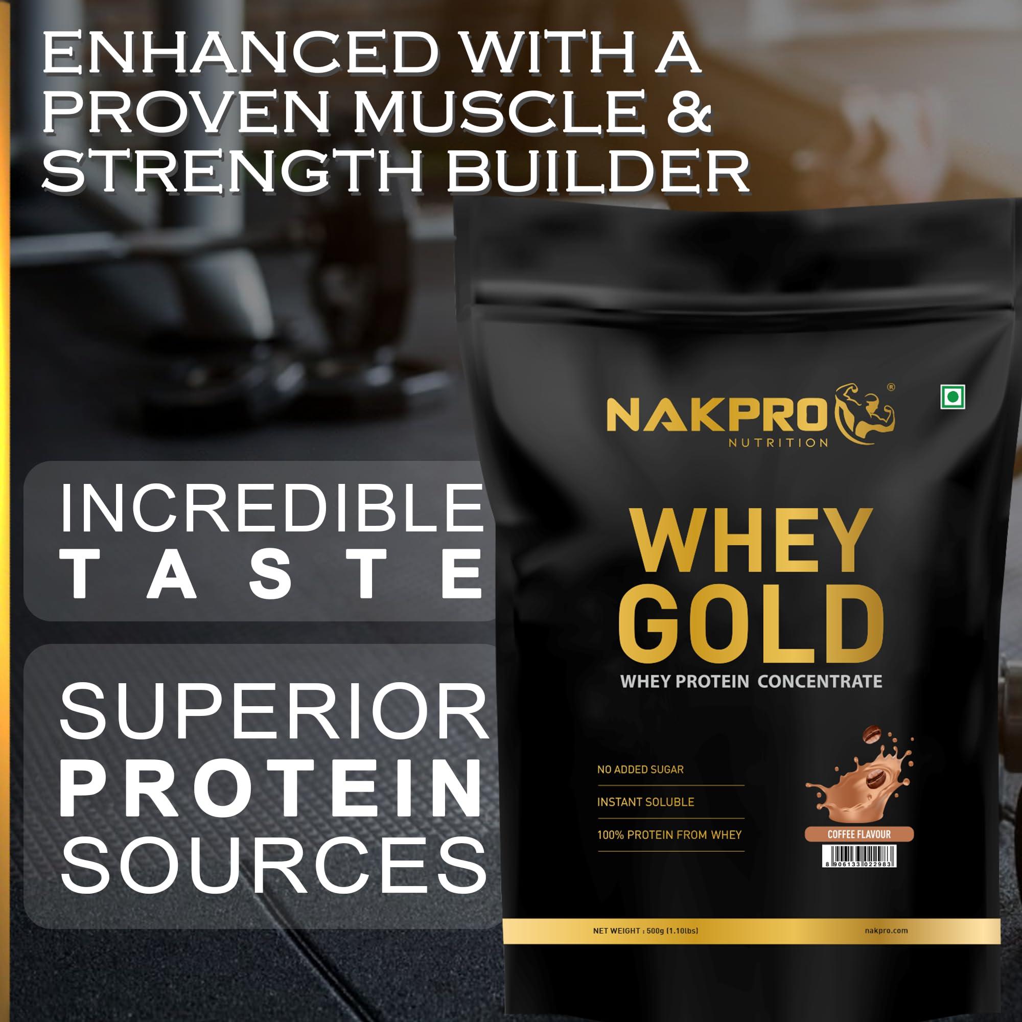 NAKPRO NAKPRO Gold Whey Protein Concentrate 500g Coffee | 25.5g Protein, Trustified Certified Supplement Powder | Fast Absorbing Whey Protein Powder