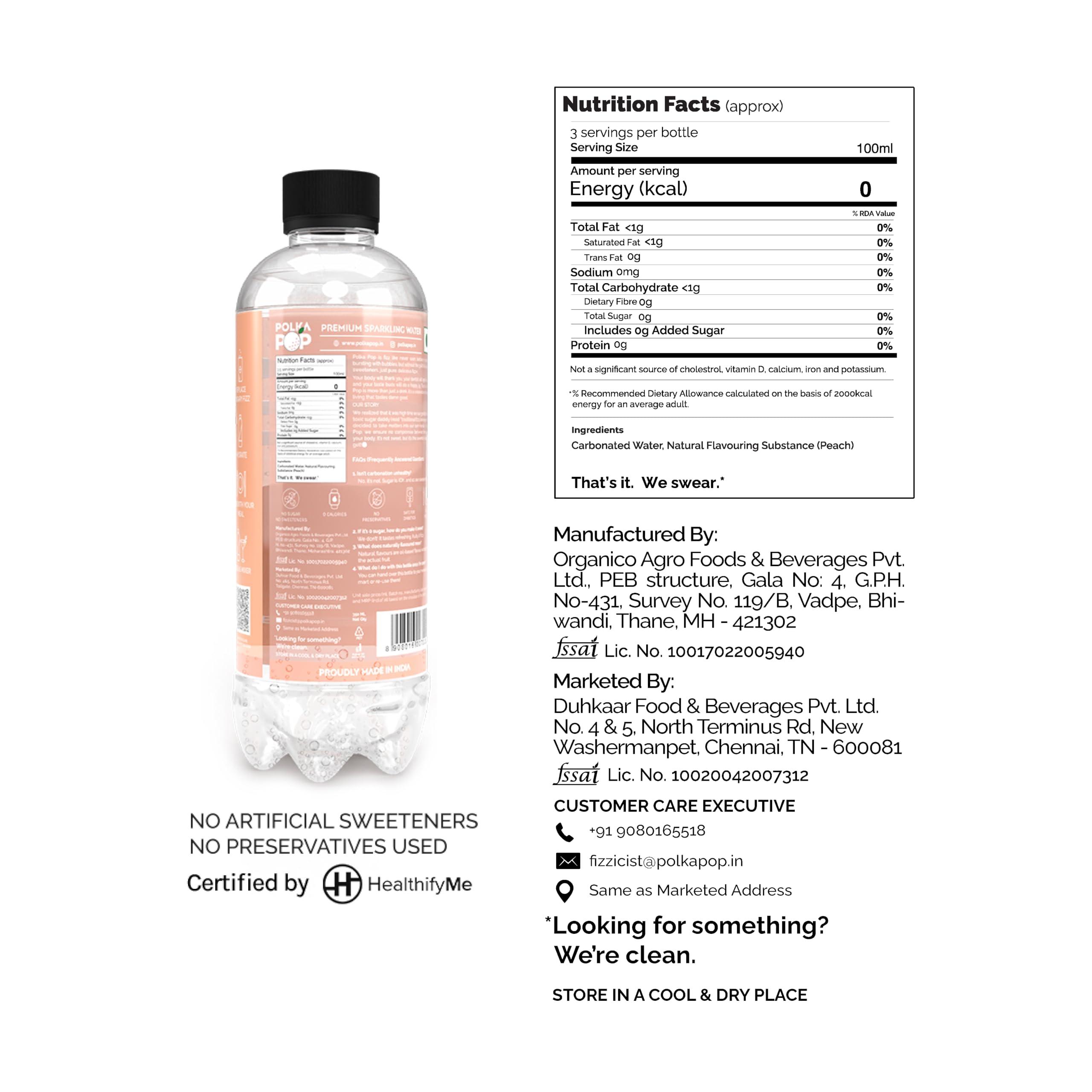 POLKA POP POLKA POP Peach Flavoured Sparkling (Fizzy) Water | Pack of 24 (350ml Each) | 100% Natural Flavour | Zero Sugar & Zero Calories | No Aspartame or Stevia