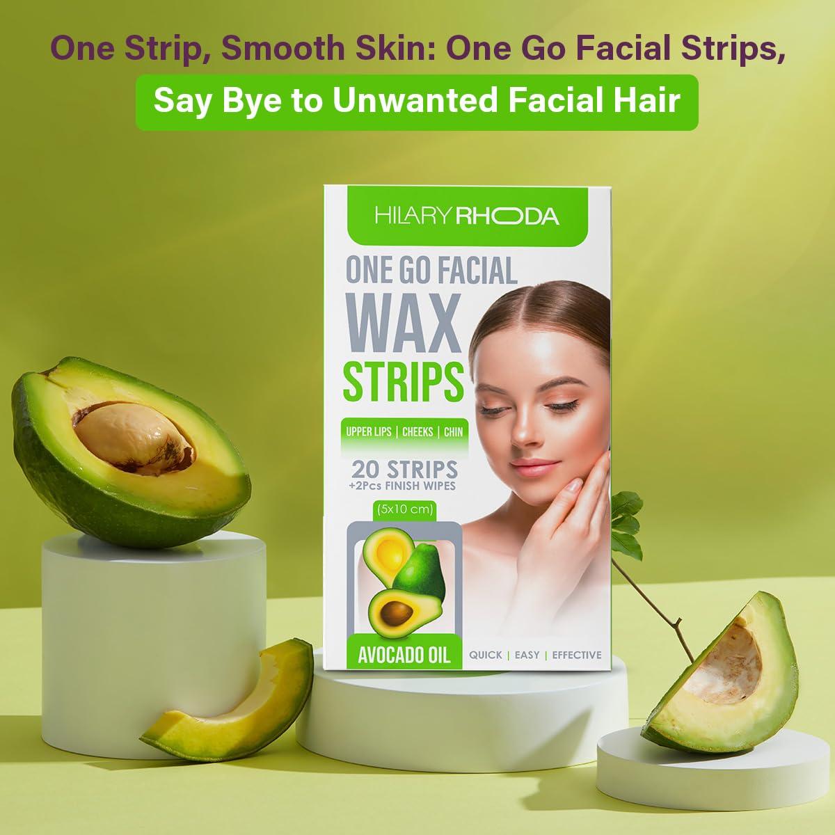 Hilary Rhoda Hilary Rhoda One Go Facial Wax Strips | Ready-To-Use Facial Wax Strips | Face, Cheek, Upper Lip & Chin Facial Wax | Painless Hair Removal | With 2 Finish Wipes | 20 Strips (Avocado Oil)