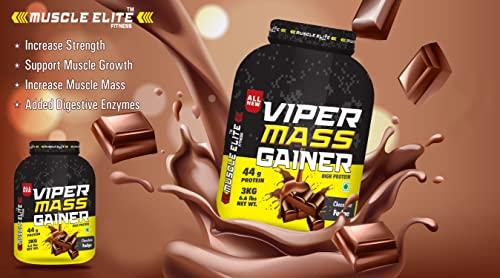 MUSCLE ELITE FITNESS MUSCLE ELITE FITNES VIPER MASS GAINER High Protein Gain For Strength,Size & Weight Men & Women | Protein 44g | Calories 1053 | Chocolate Fudge Supplement Supplement With T-shirt 3kg